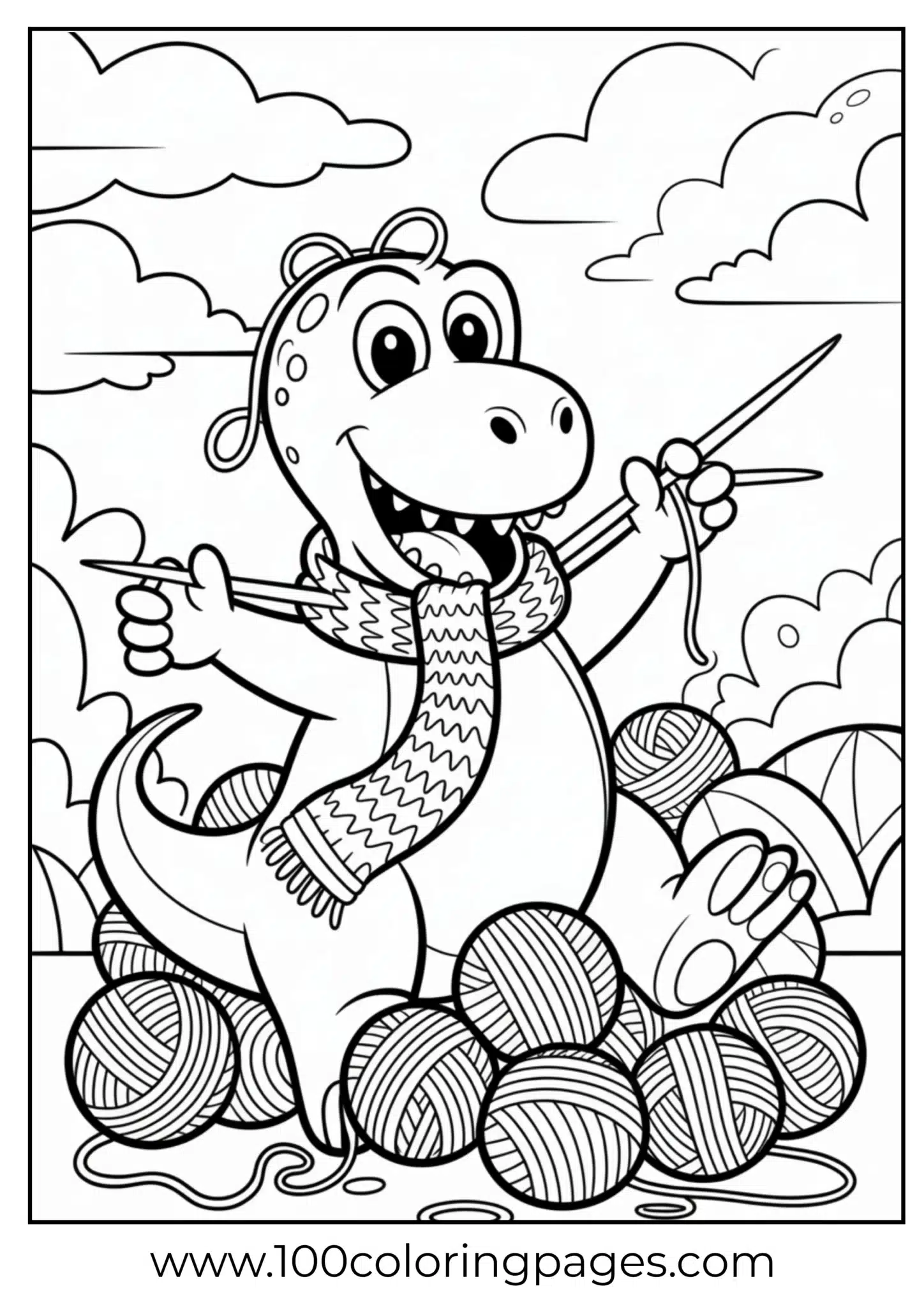 Dino tangled in yarn trying to knit, outline