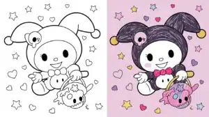 Kuromi coloring pages featuring Kuromi in her jester costume holding a Halloween basket, surrounded by hearts and stars