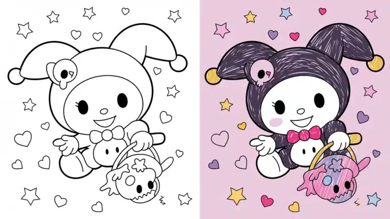 Kuromi coloring pages featuring Kuromi in her jester costume holding a Halloween basket, surrounded by hearts and stars