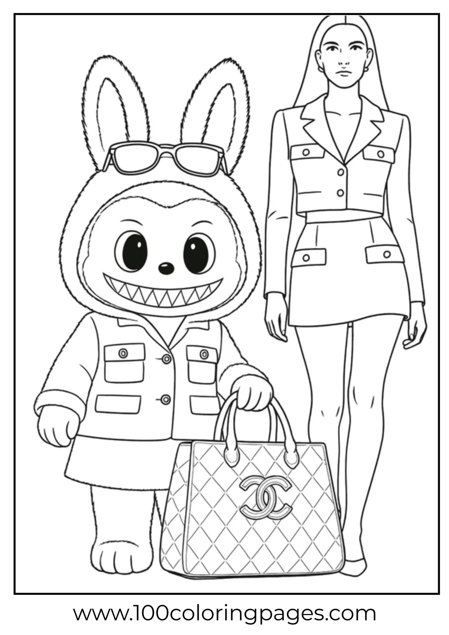 Labubu in hoodie with fashionable woman, coloring page