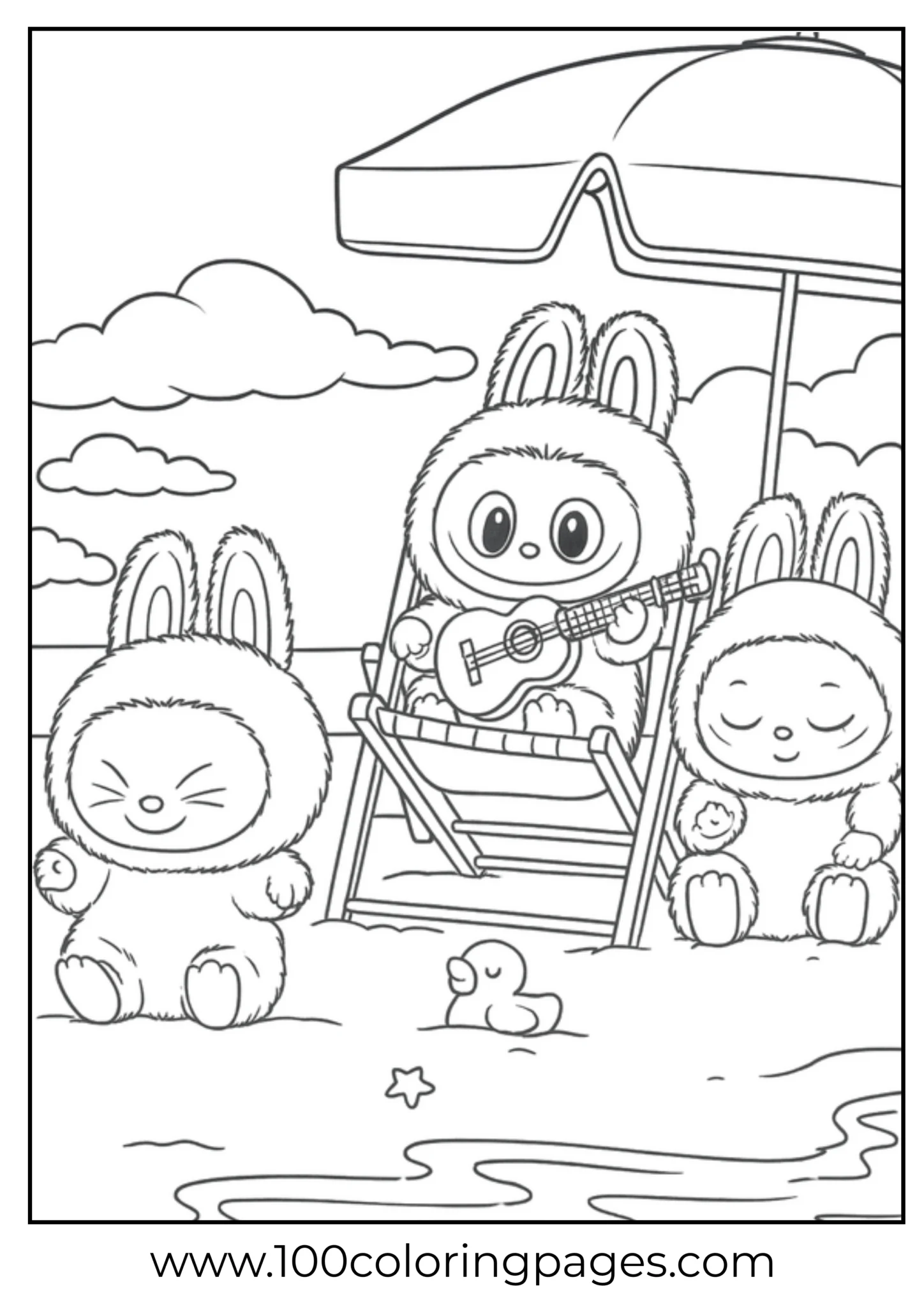 Labubu characters enjoying music and sun at the beach