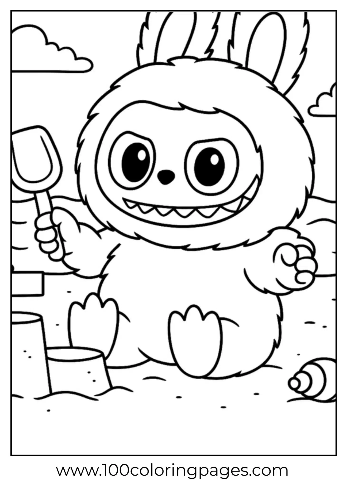 Labubu holding a shovel on a beach scene coloring page