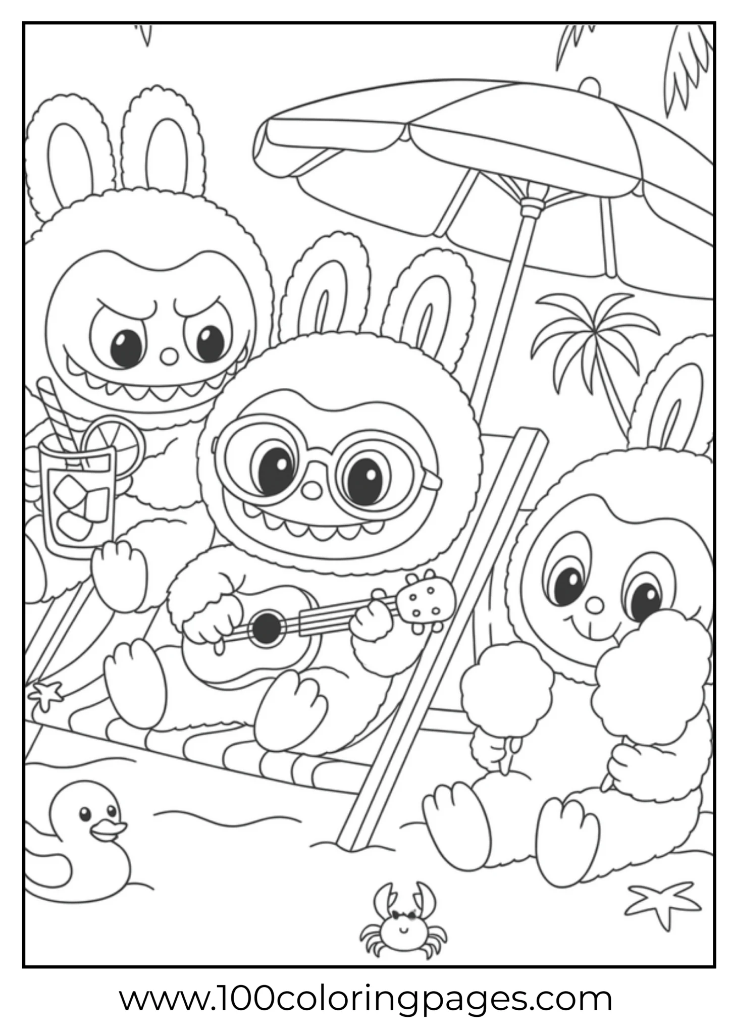 Labubu characters enjoying a sunny beach day with music