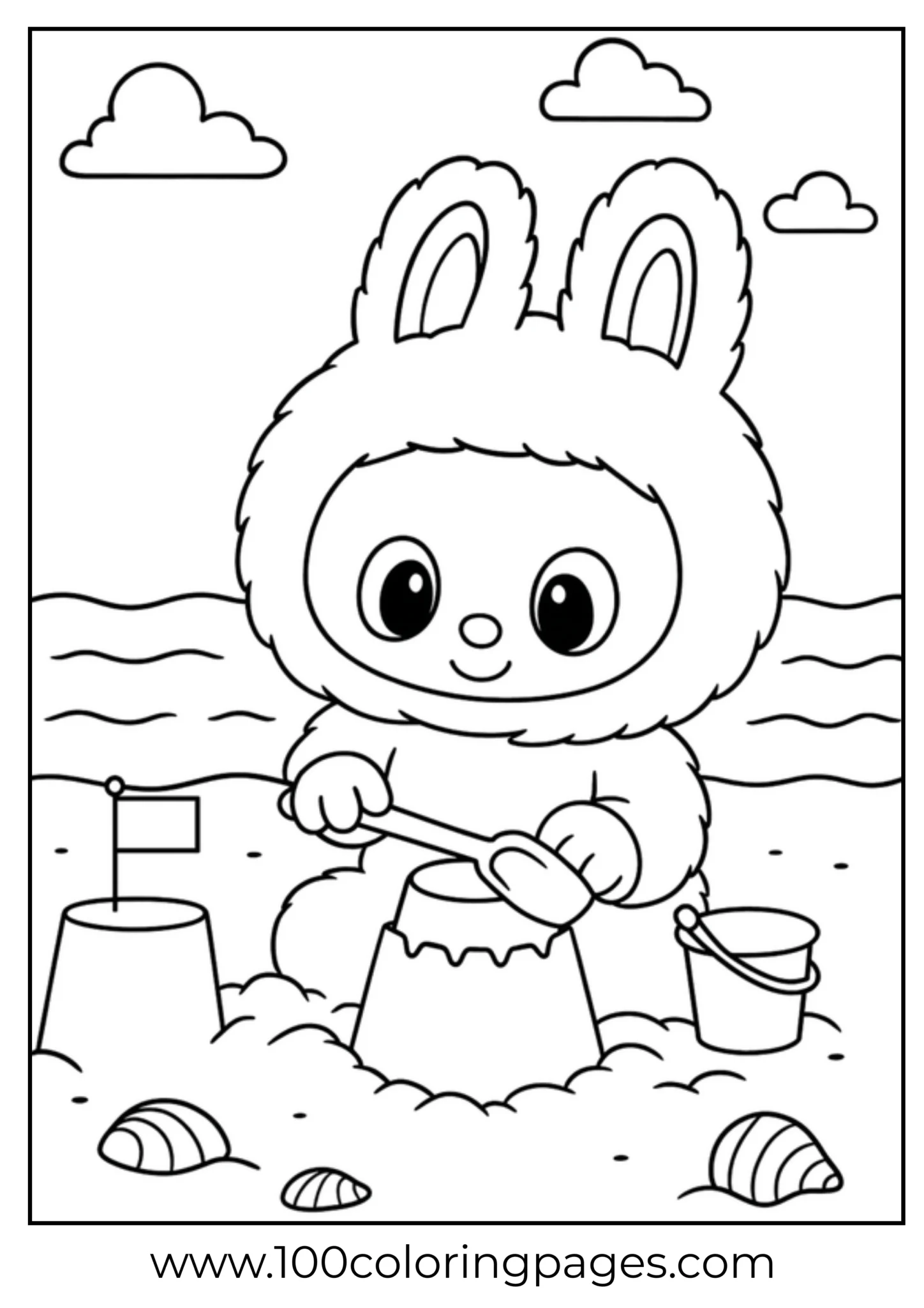 Labubu building a sandcastle on a beach coloring page