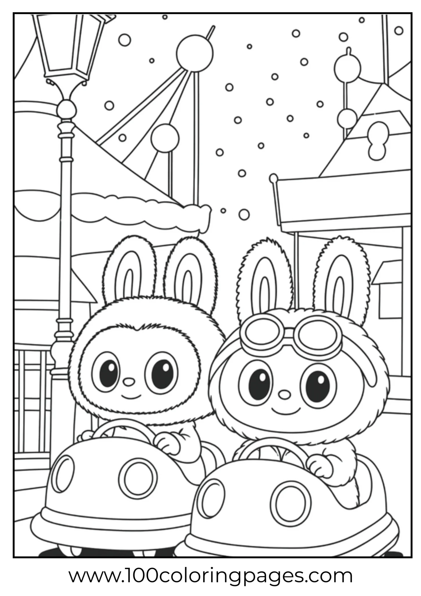 Labubu characters riding in bumper cars at a fair