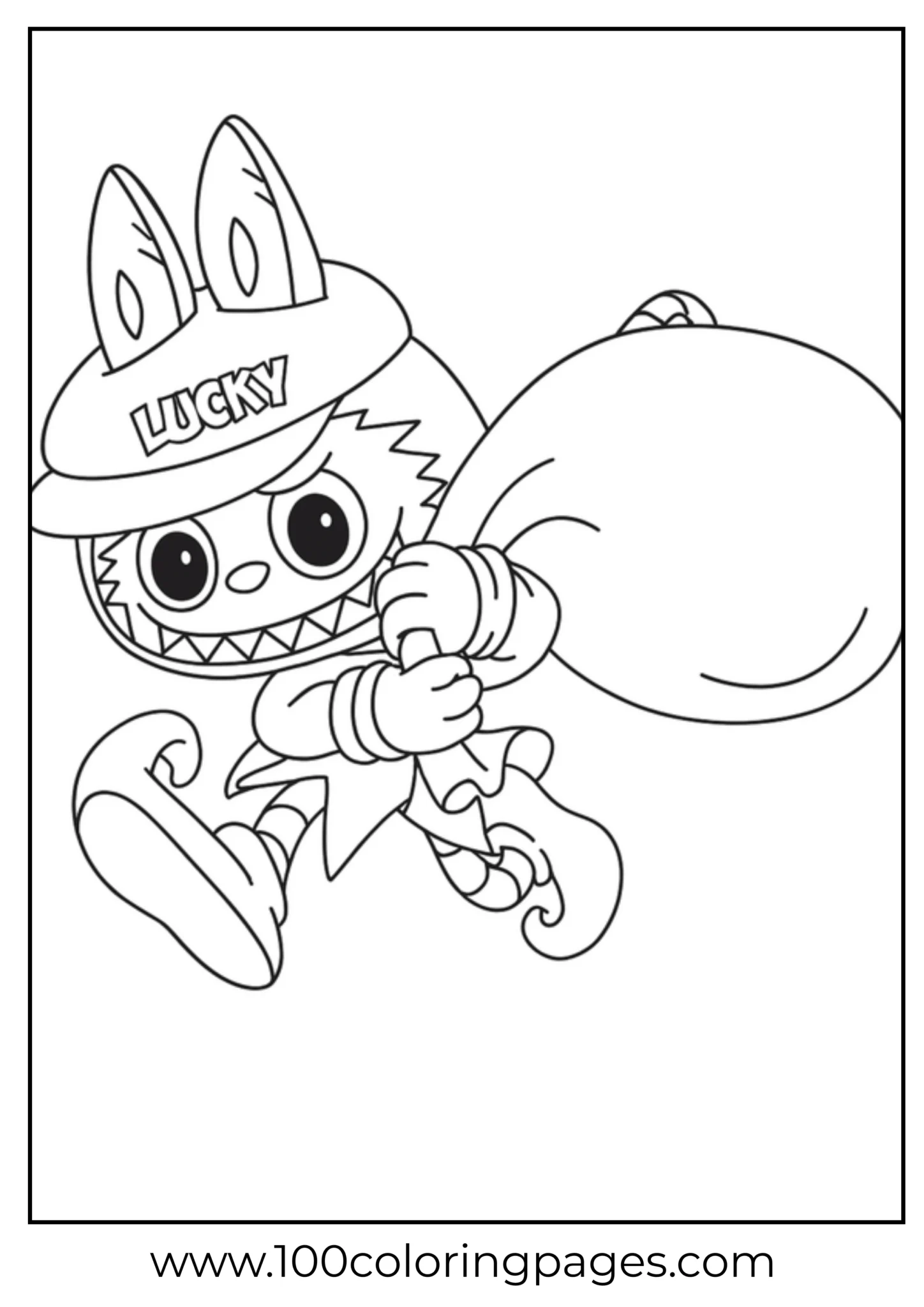 Labubu cartoon character holding a large sack for coloring