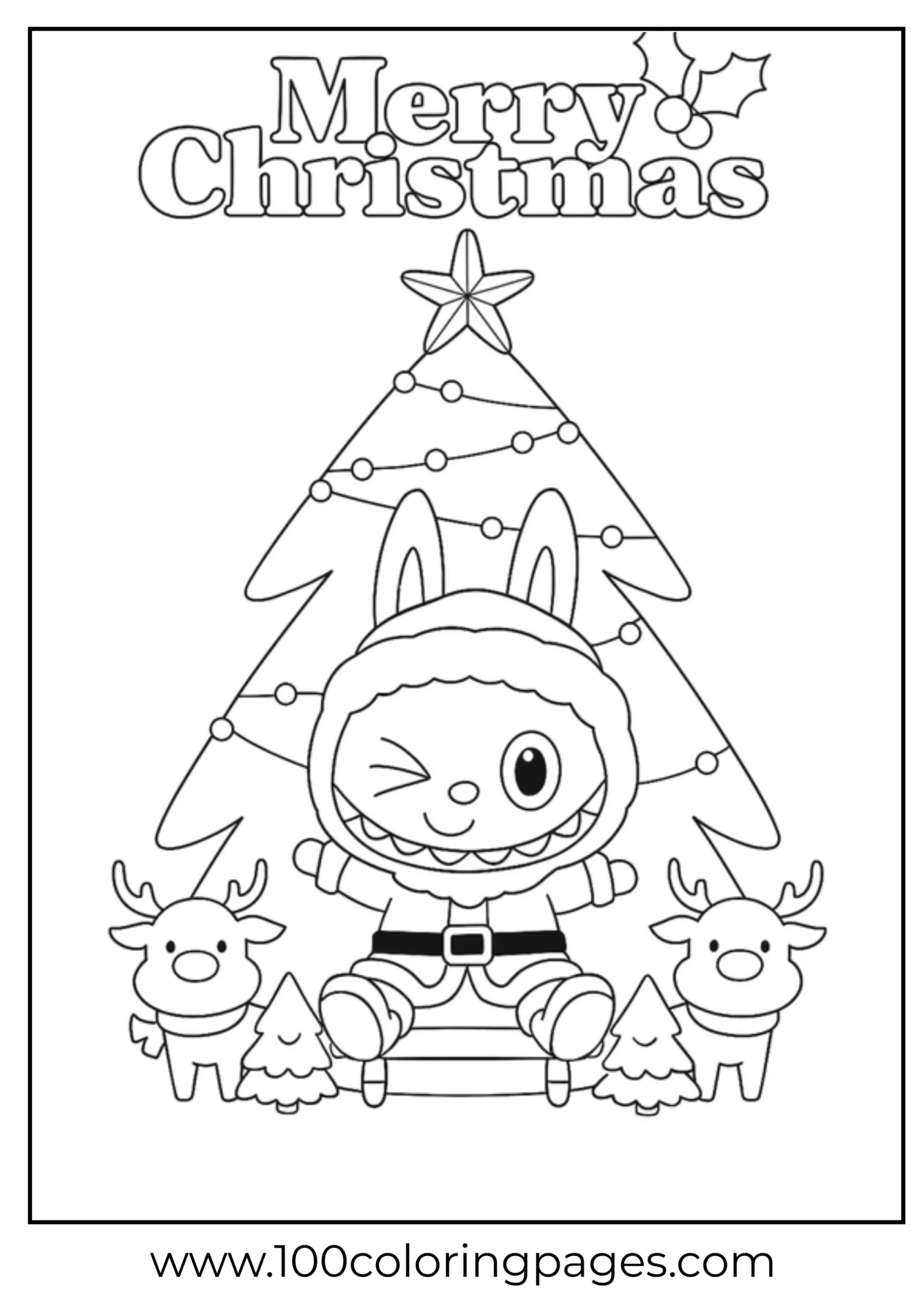 Labubu dressed in a Santa outfit with reindeer and tree