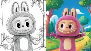 Split image showing Labubu in a black and white coloring page on the left and fully colored version on the right, perfect for Labubu coloring pages article.