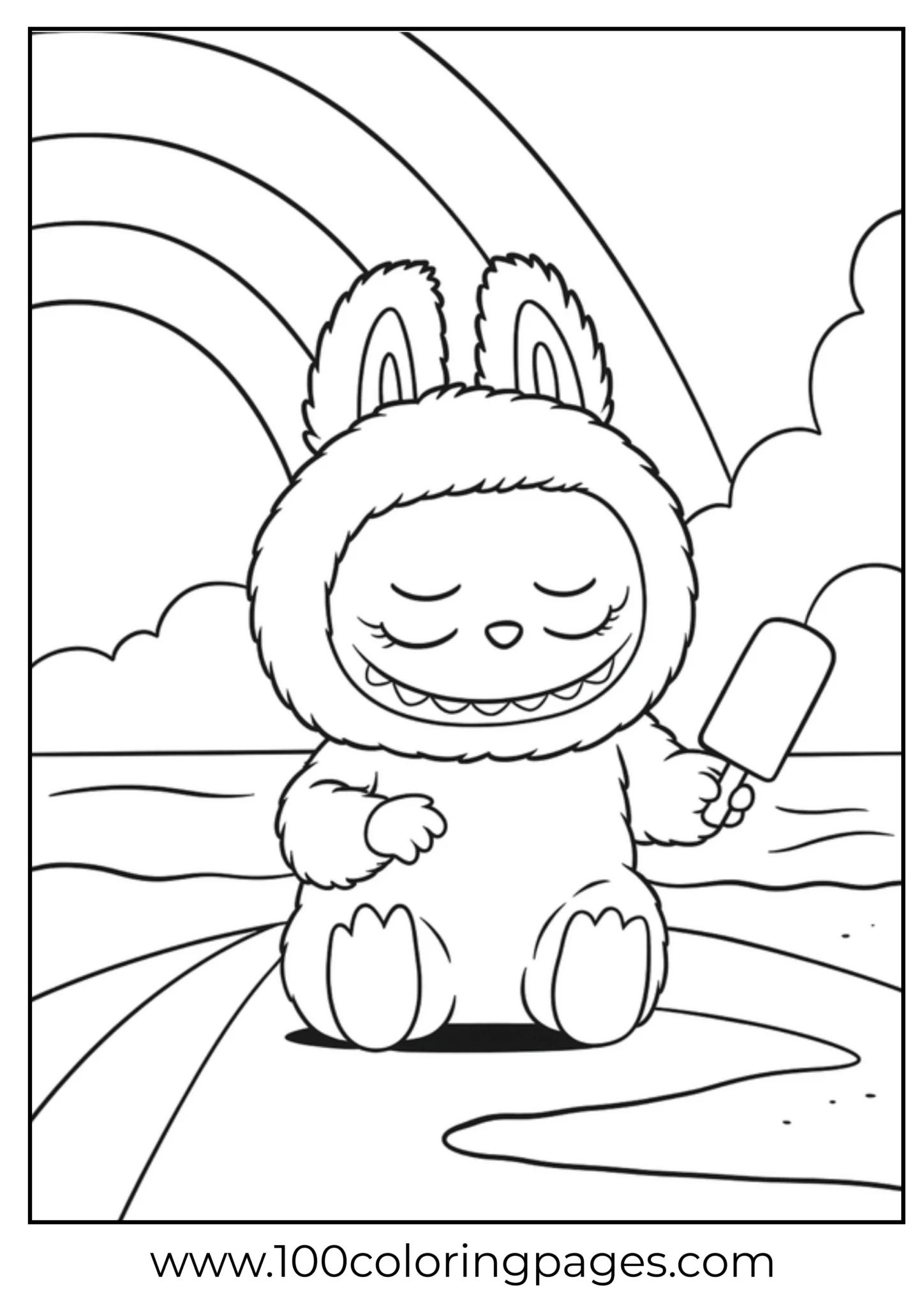 Labubu in a bunny costume with a popsicle and rainbow