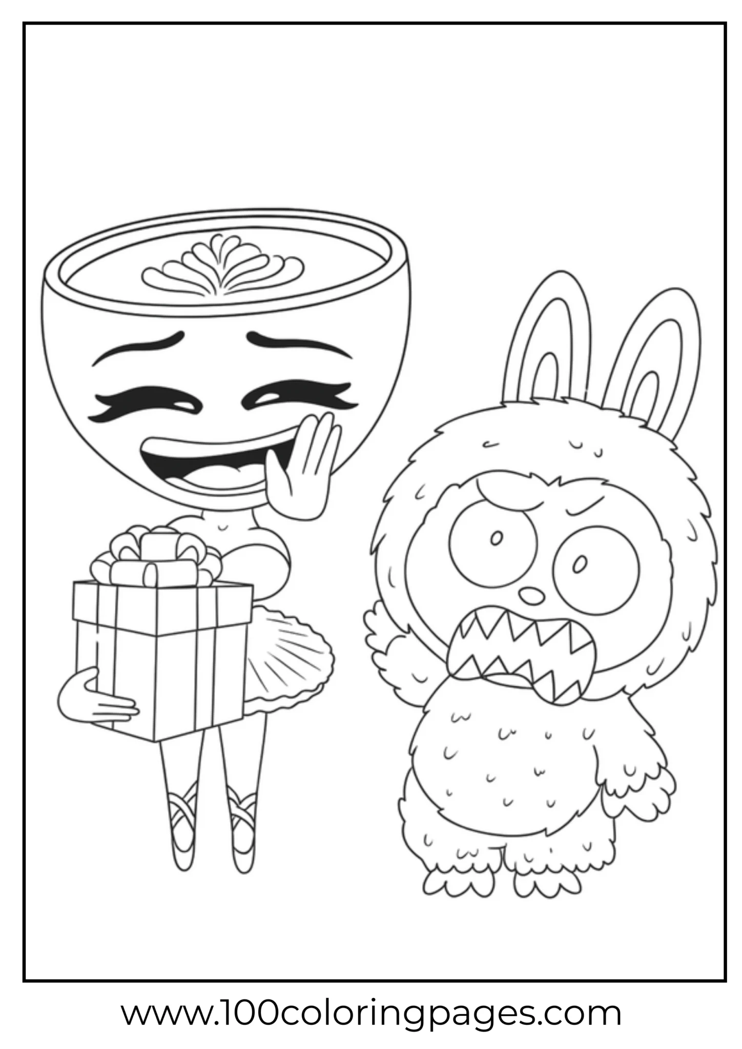 Labubu and friend with a gift, ready to color