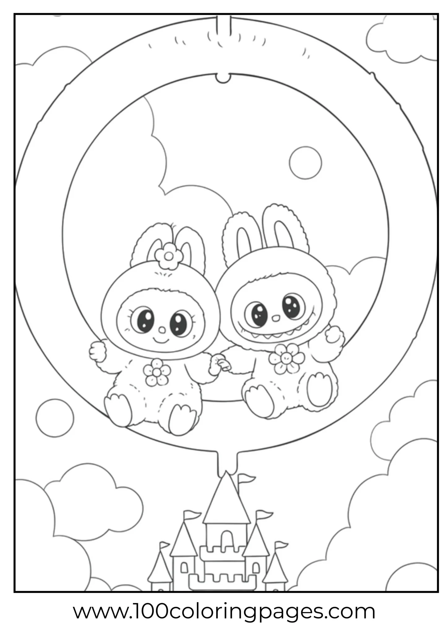 Labubu characters floating in a balloon over a castle