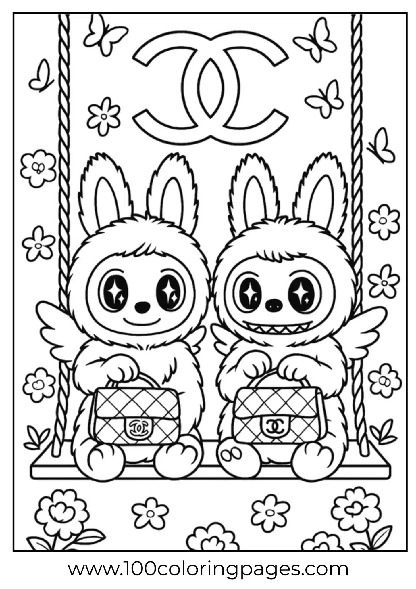 Labubu characters swinging, surrounded by flowers
