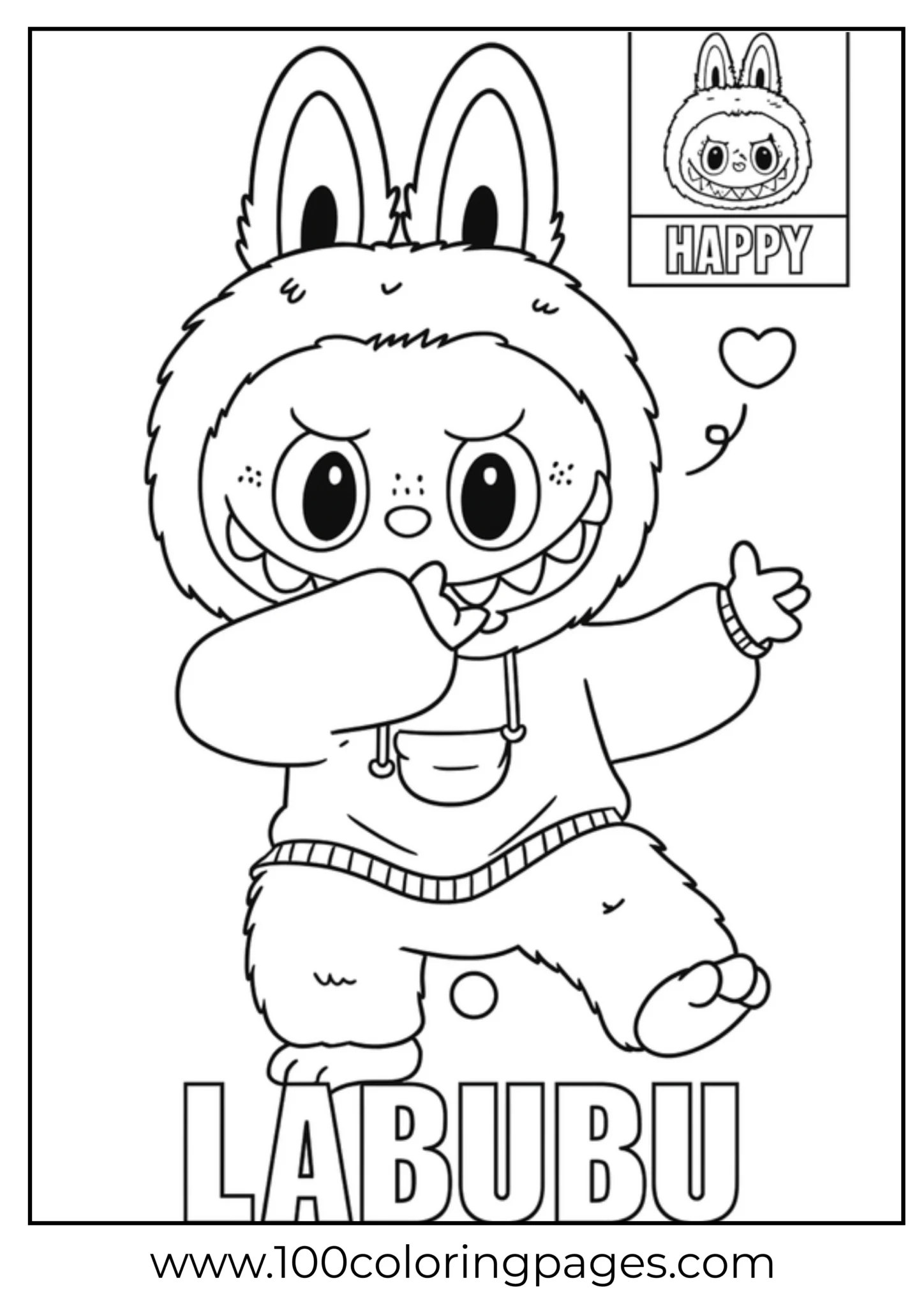 Labubu character smiling and waving in a coloring page