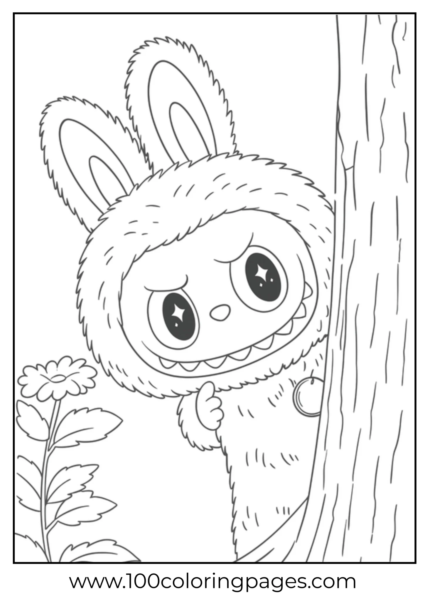 Labubu peeking from behind a tree in a coloring page
