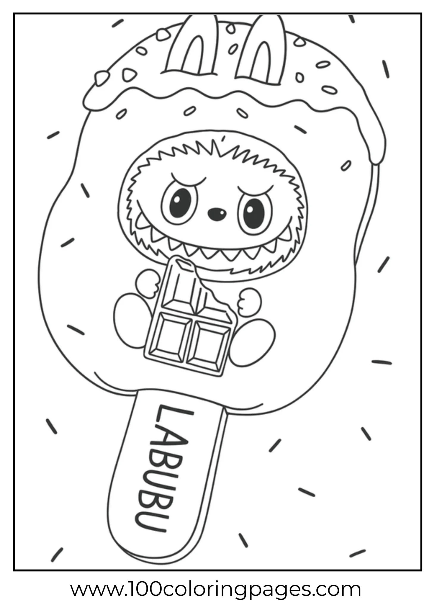 Labubu character holding a gift on a donut background