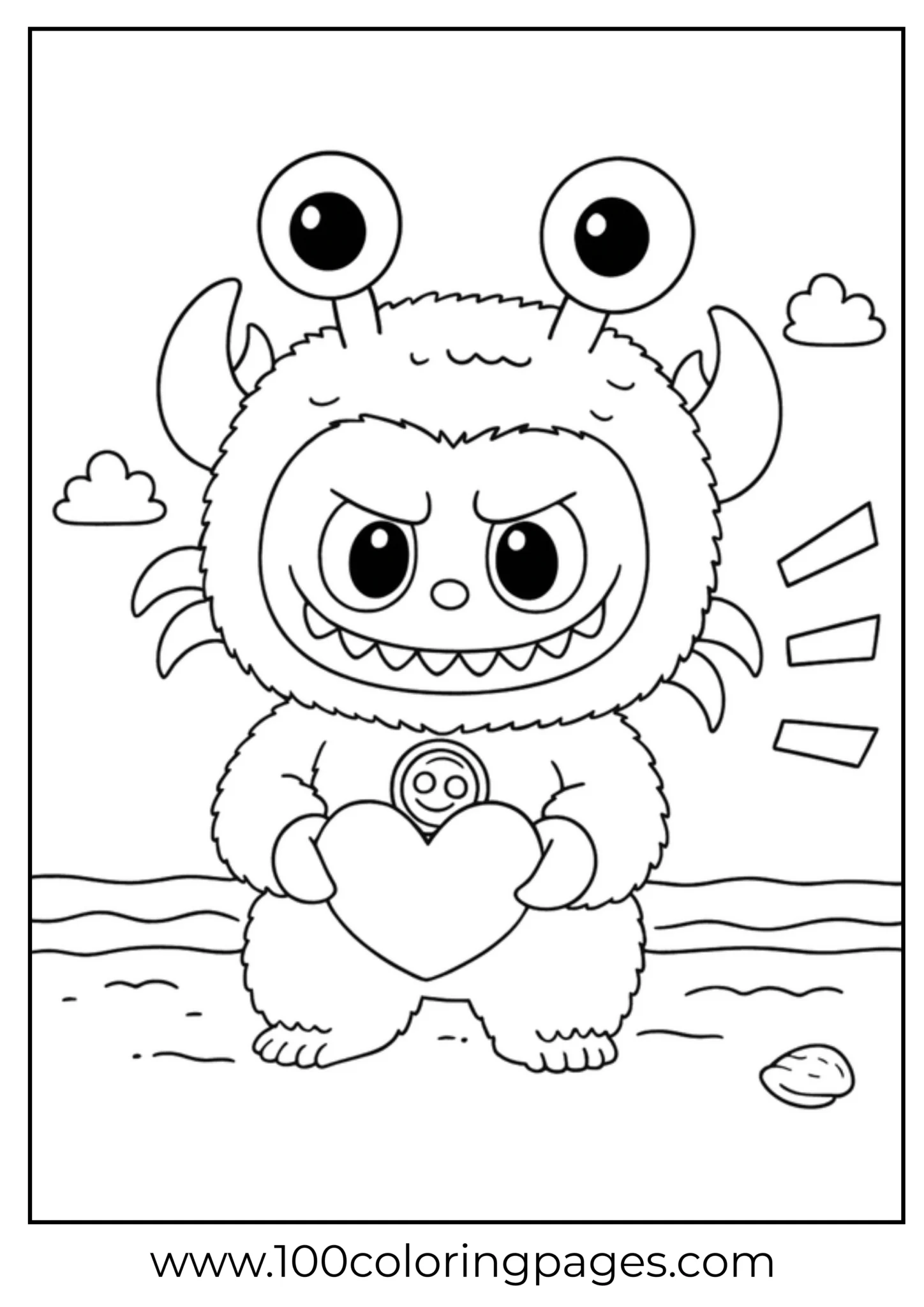 Labubu monster holding a large heart on the beach