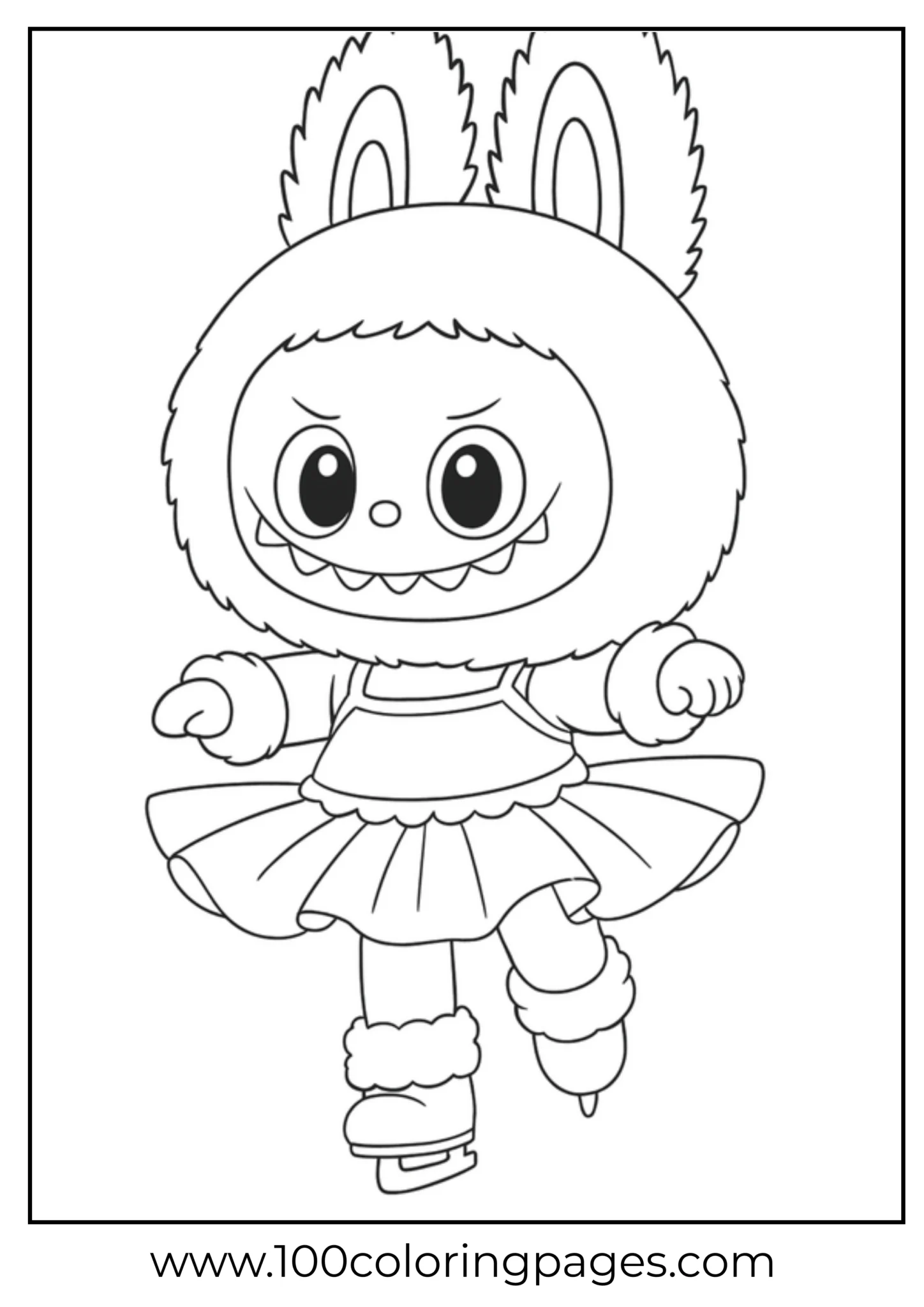 Labubu character ice skating on a coloring page