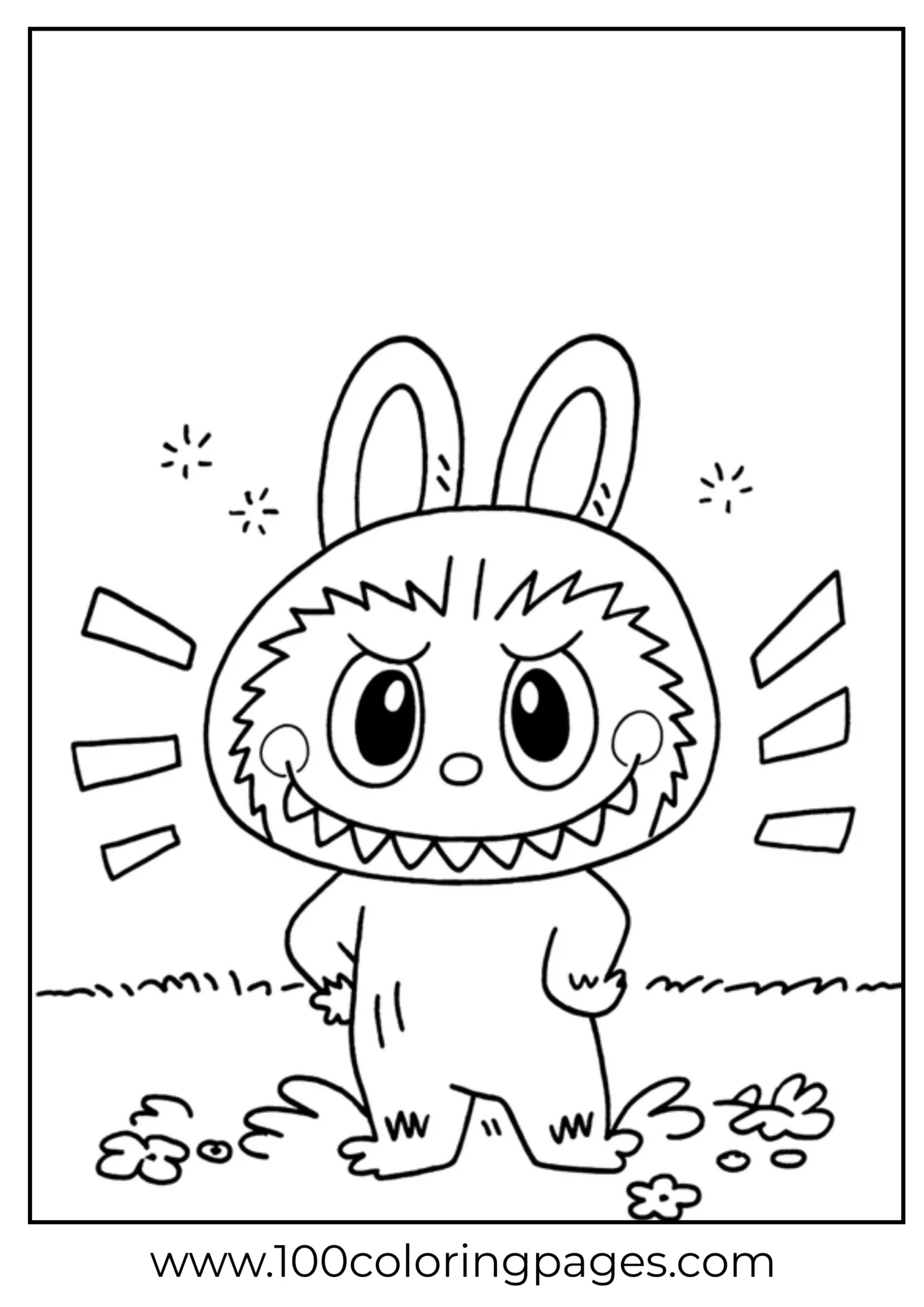 Labubu character standing with a big smile and sparkles