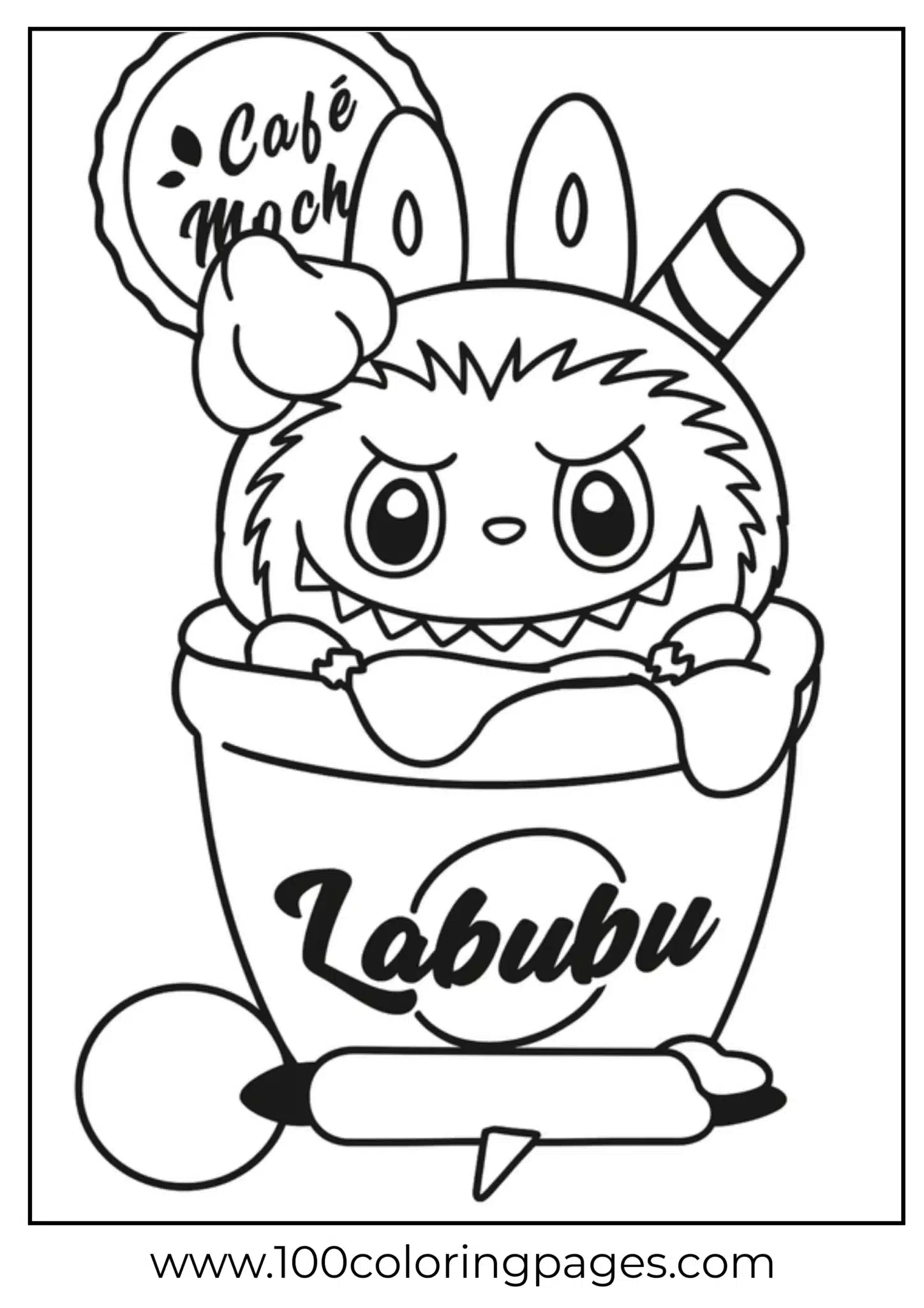 Cute Labubu character sitting in a cup coloring page