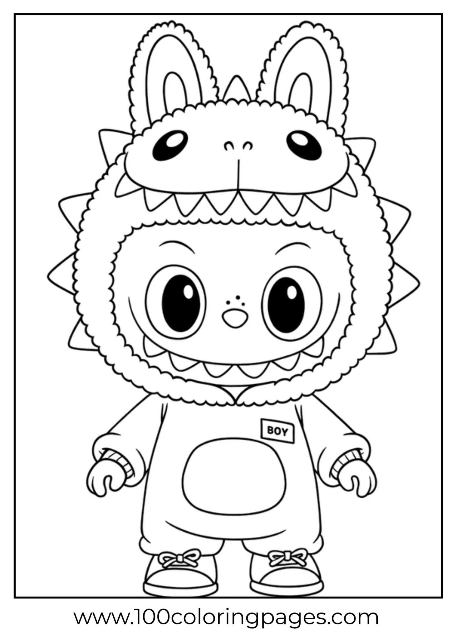 Labubu dressed as a dragon, adorable coloring page