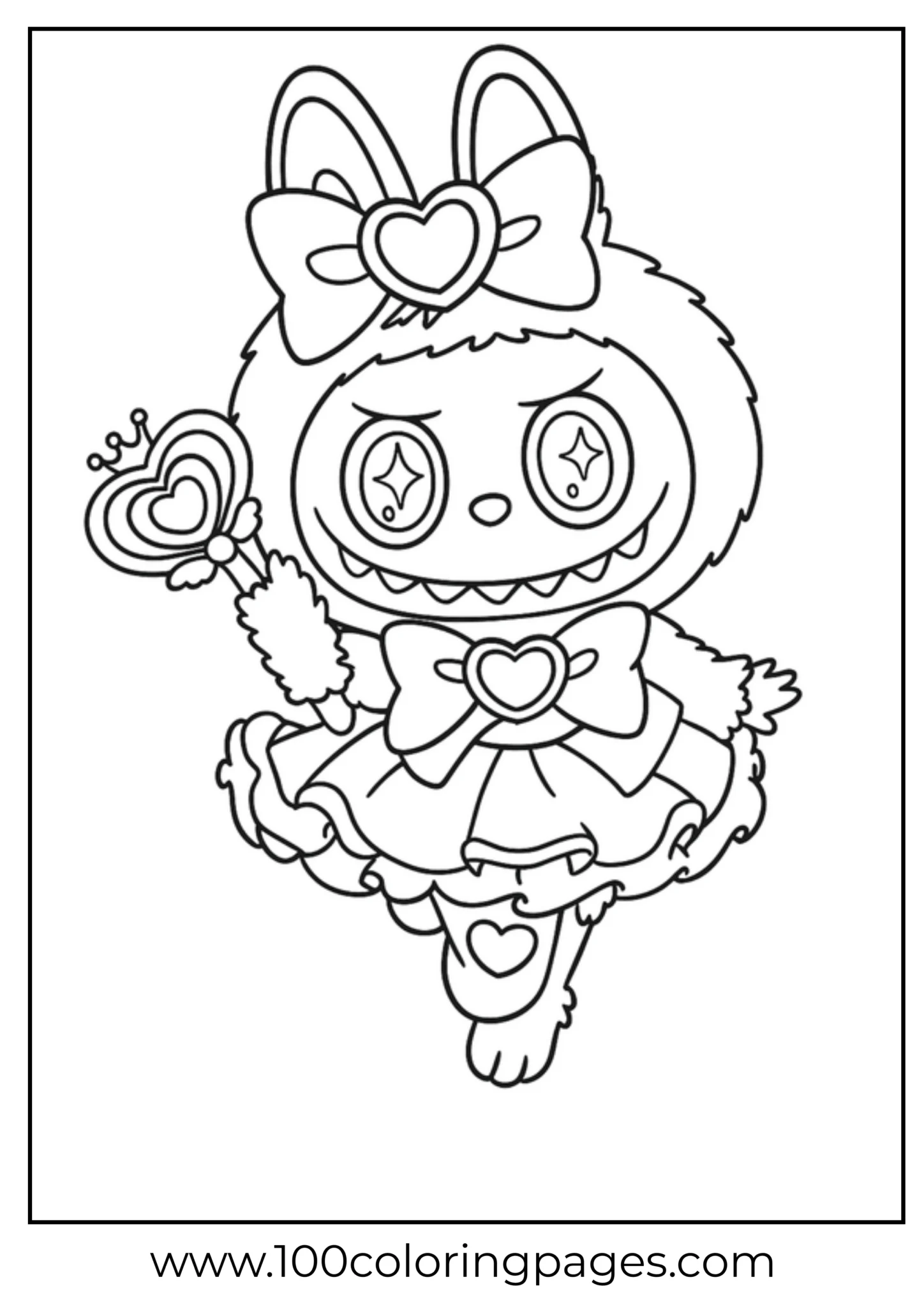 Labubu in a dress holding a heart wand coloring page