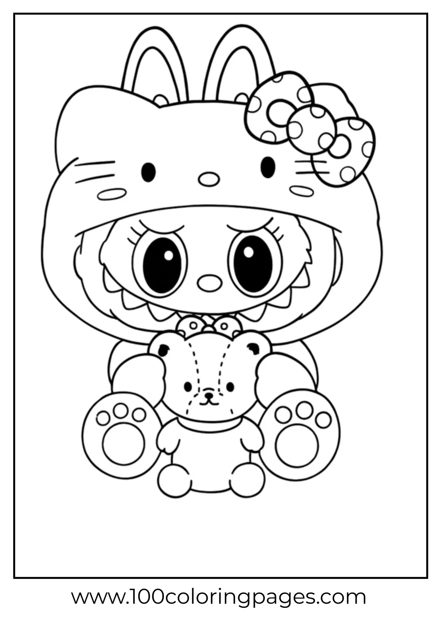 Labubu wearing a hat, holding a plush bear