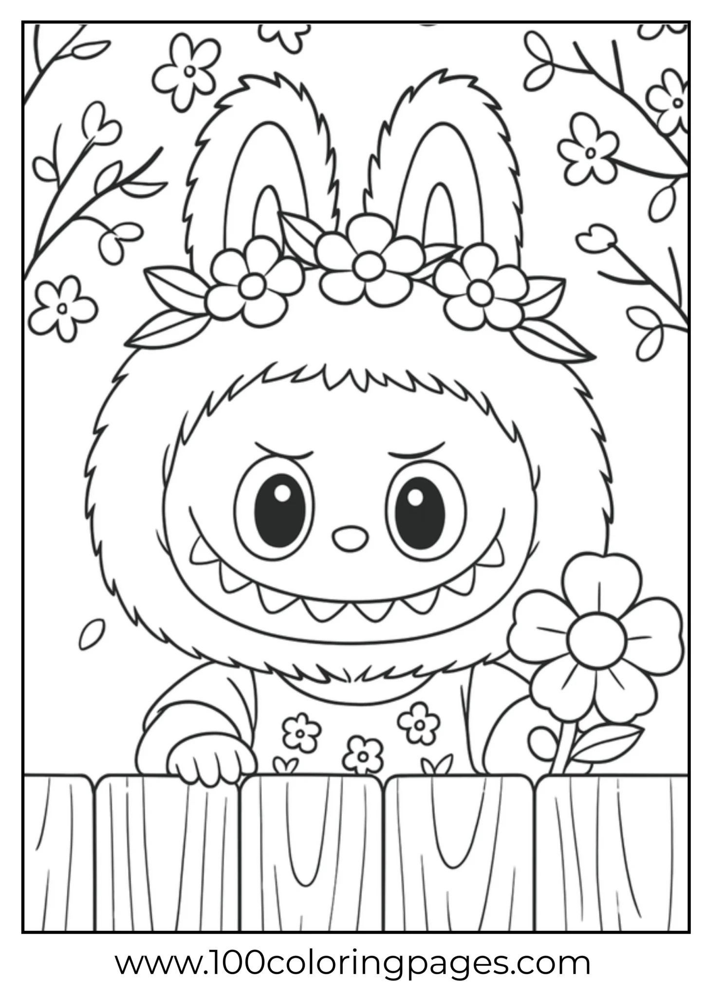 Labubu character with flowers in an outdoor scene