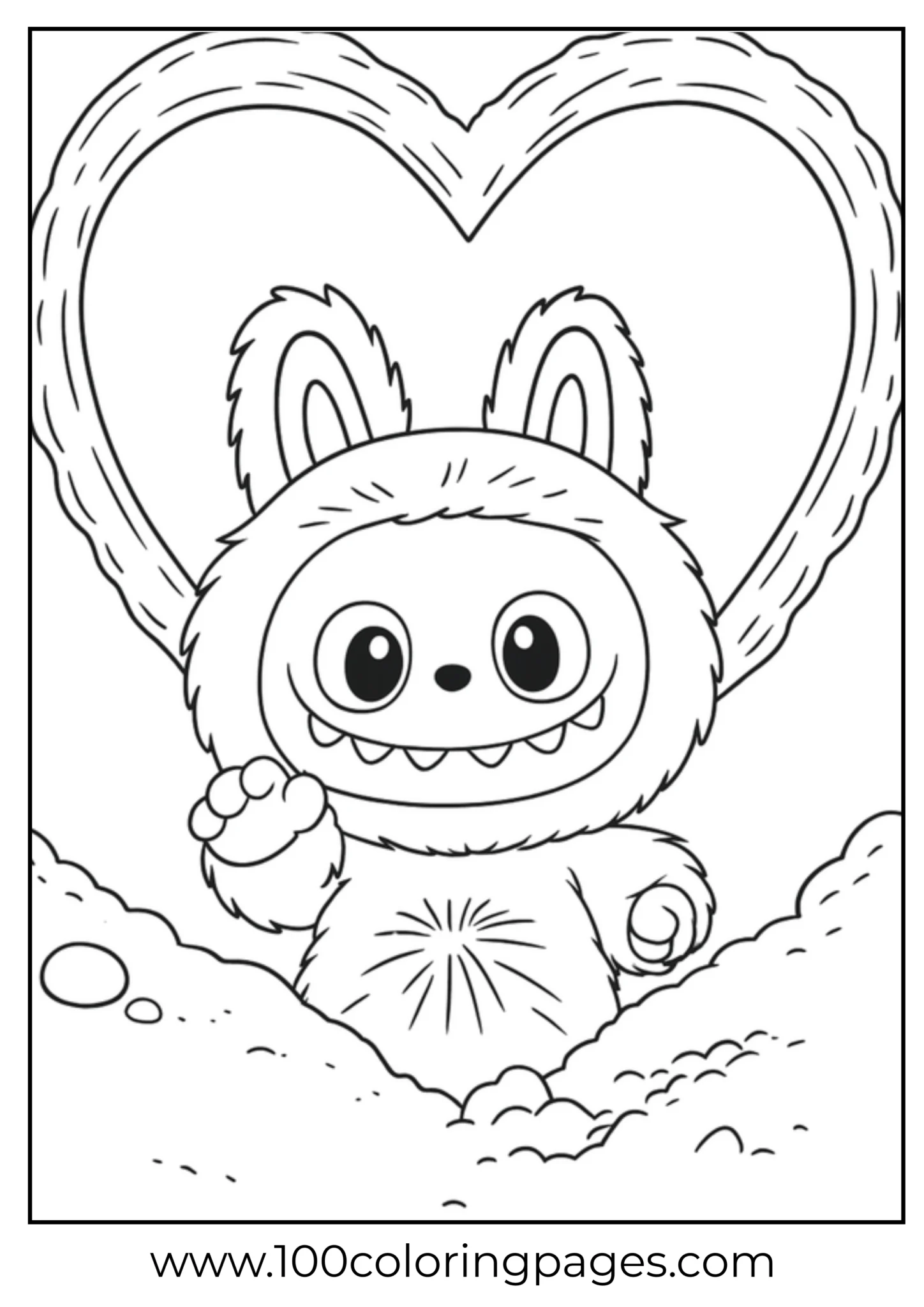 Labubu character surrounded by a large heart shape