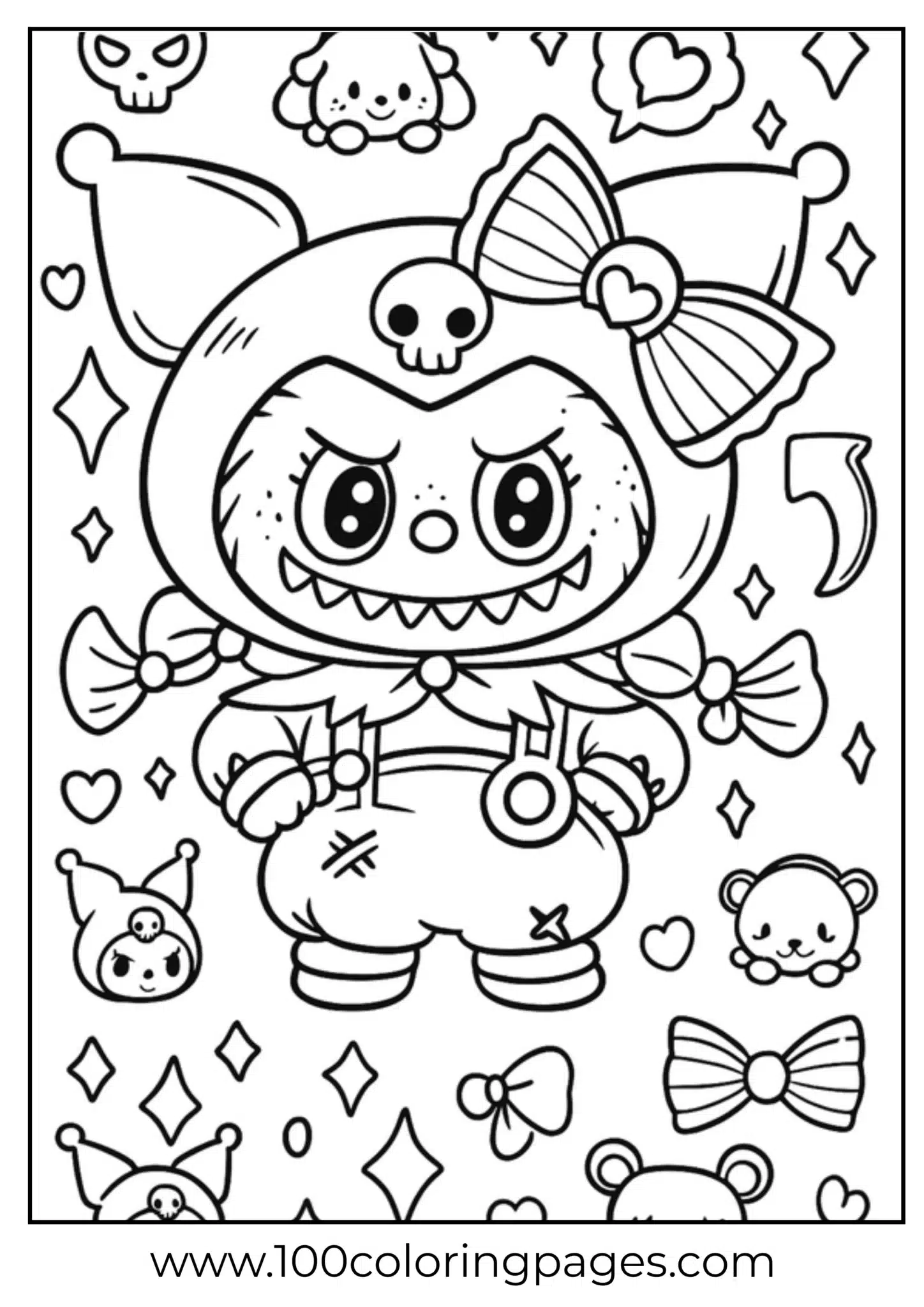 Labubu surrounded by cute icons in a coloring page