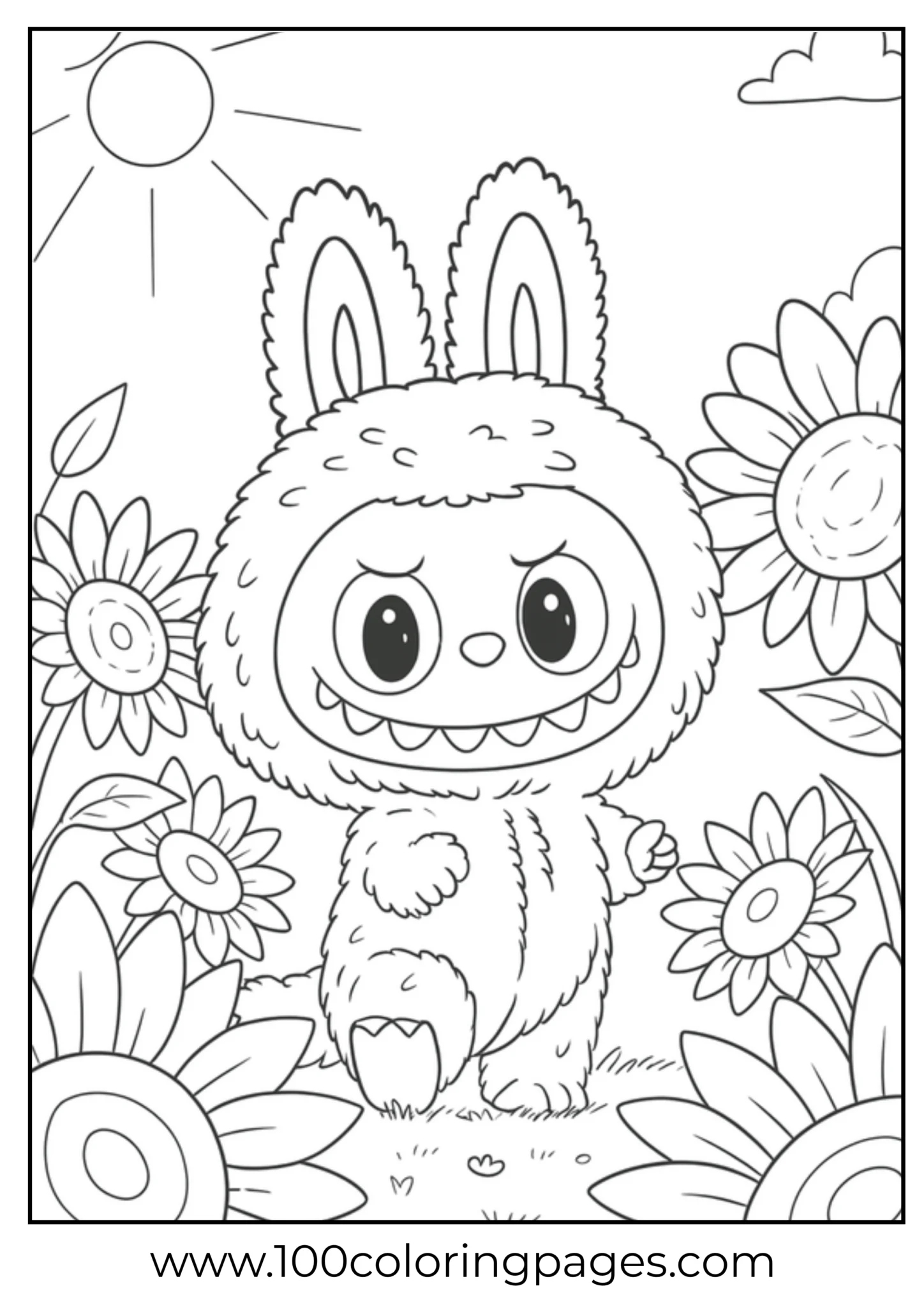 Labubu standing happily among large sunflowers