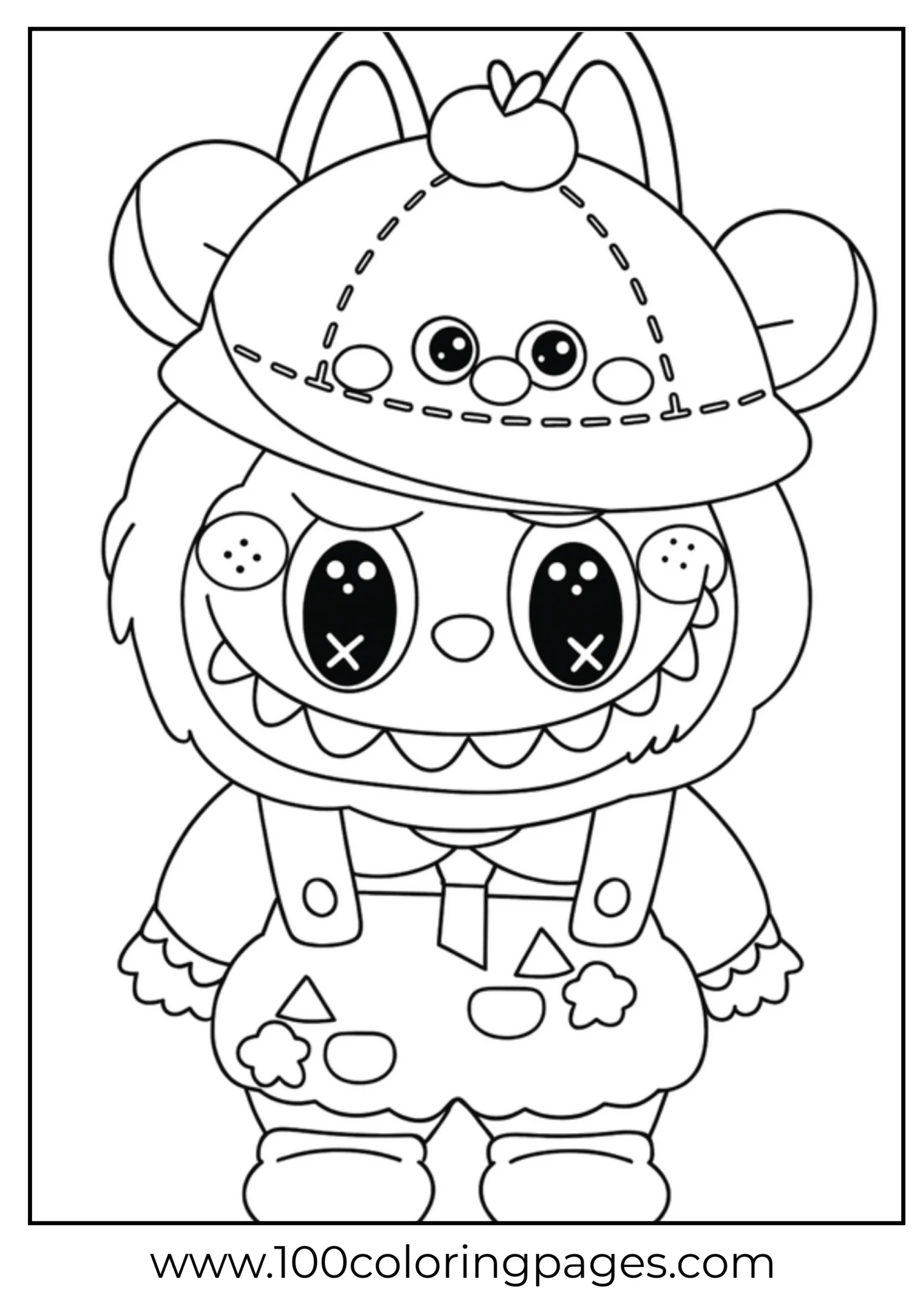 Labubu character wearing overalls and a hat coloring page
