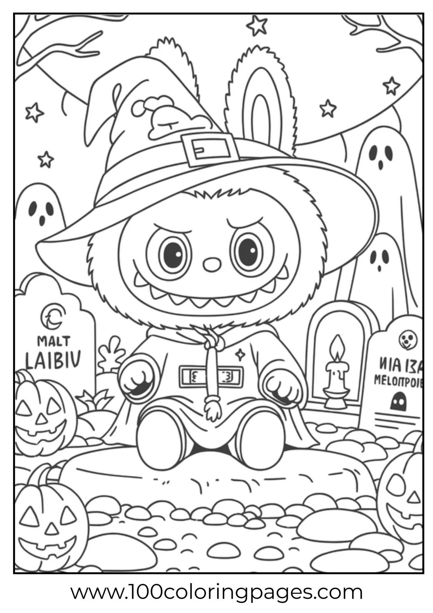 Labubu dressed as a witch with Halloween decorations