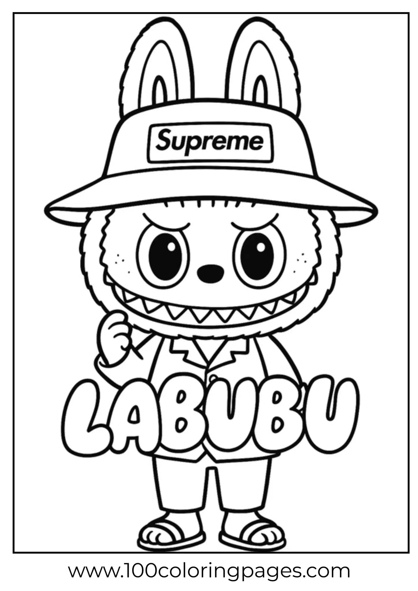 Labubu character coloring page with stylish hat and outfit