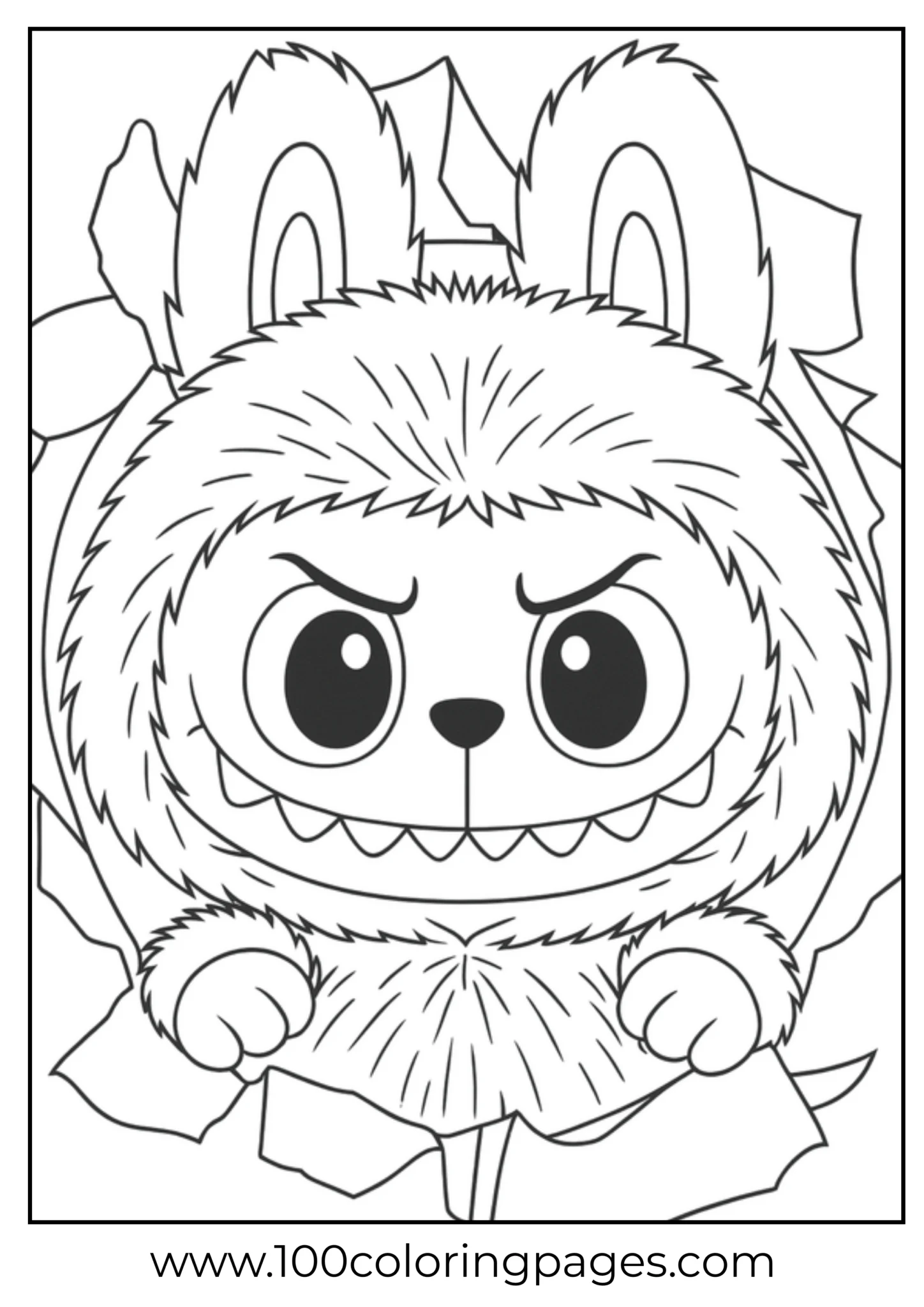 Labubu holding a leaf in a forest scene coloring page