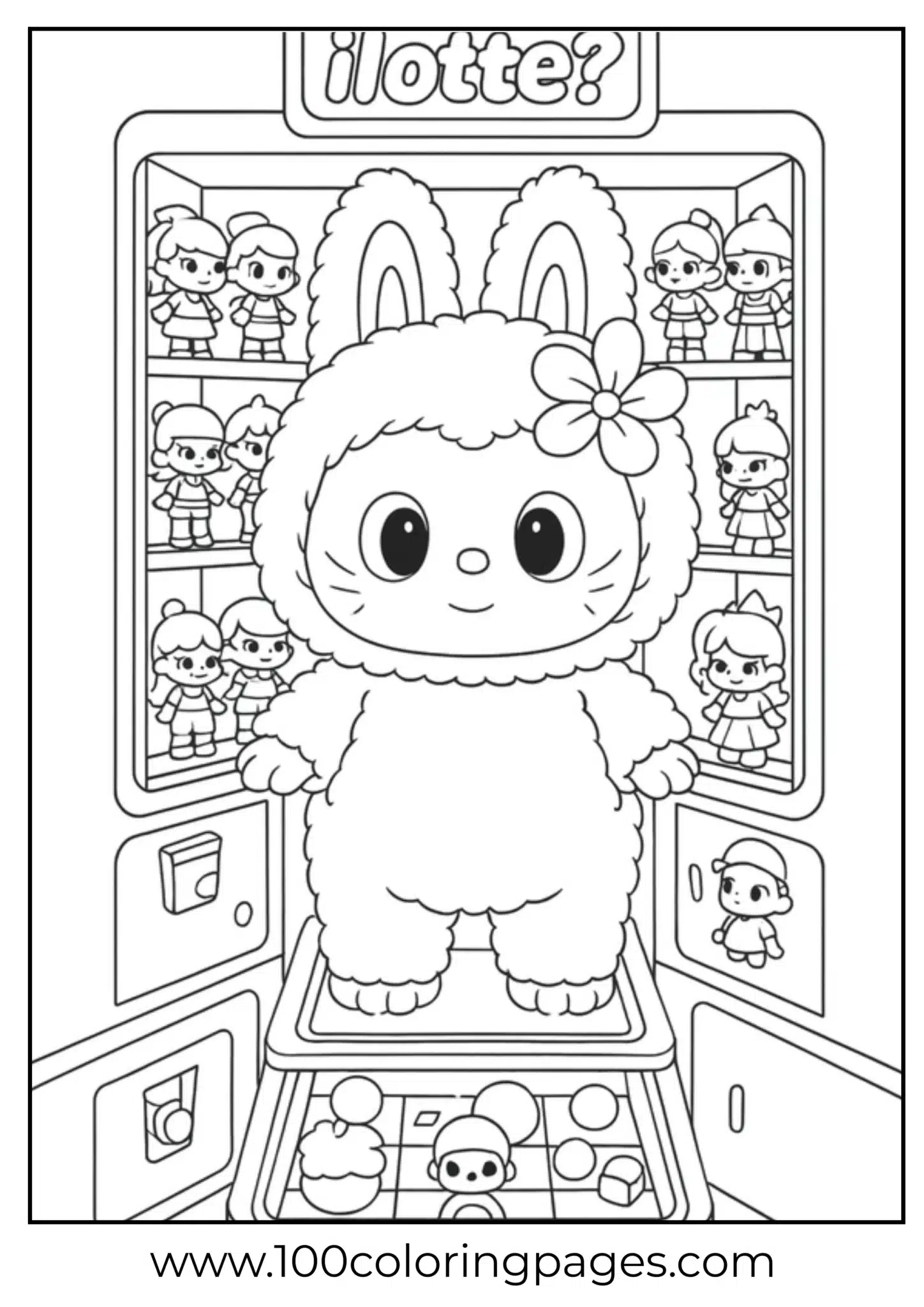 Labubu inside a claw machine with various toys