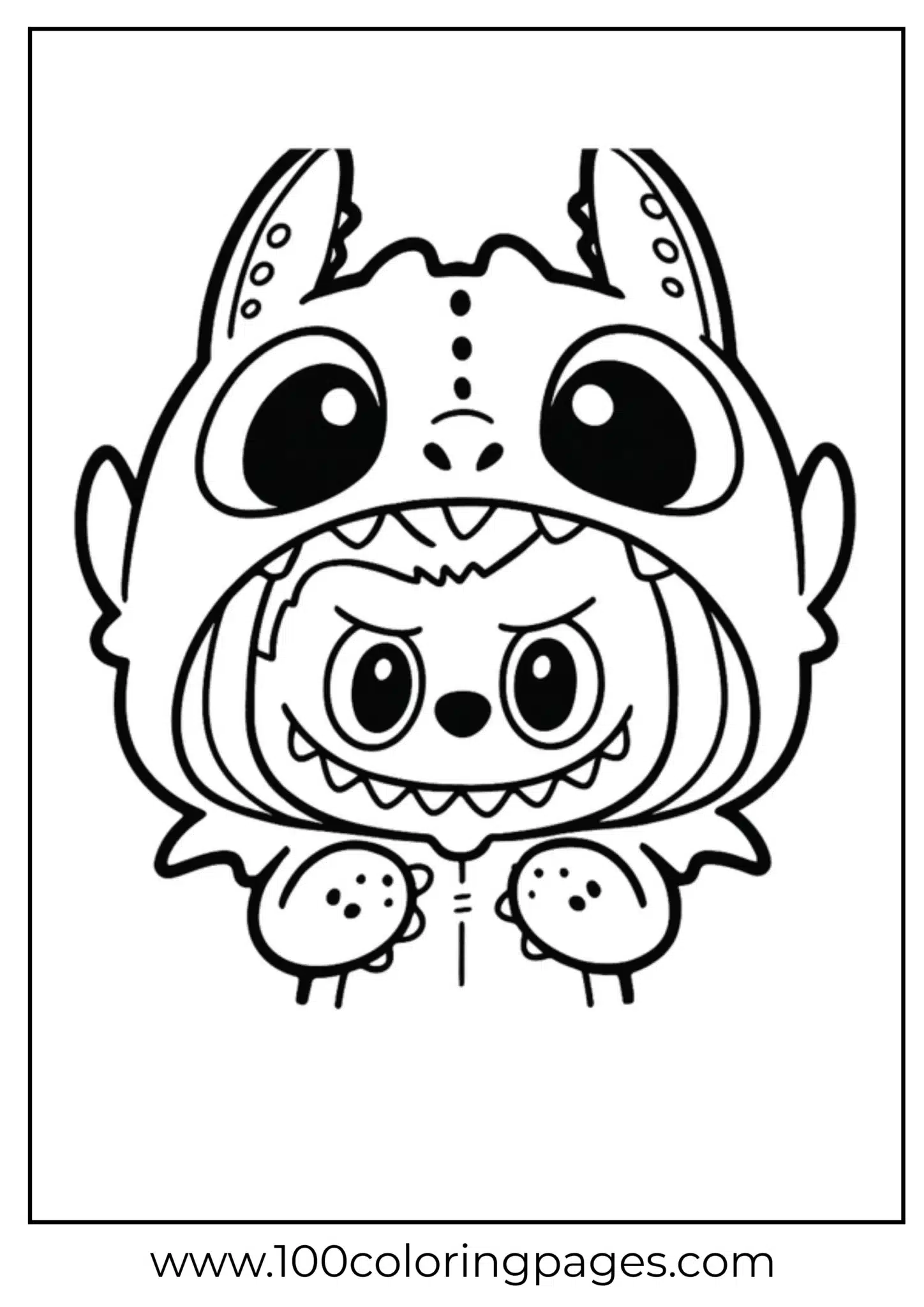 Labubu dressed in a cute monster costume with a fish