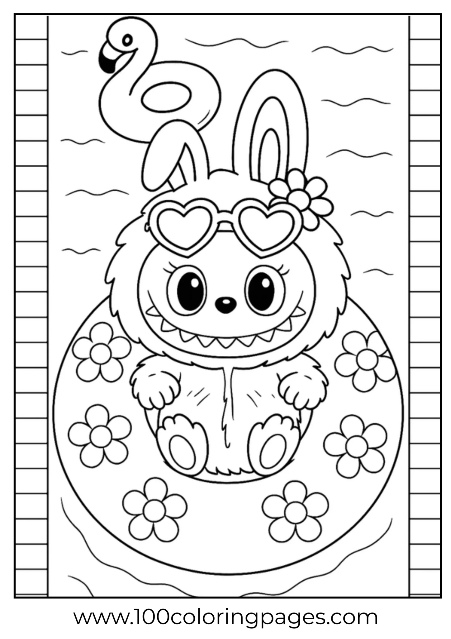 Labubu character on a beach float with flowers and a flamingo