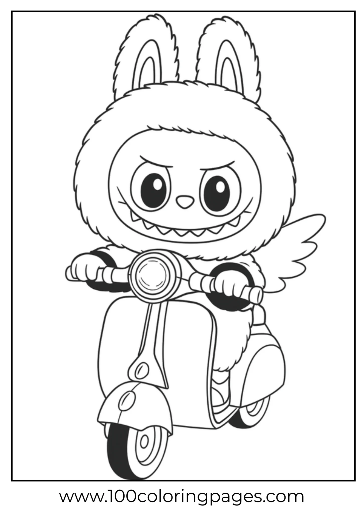 Labubu riding a scooter in a fun coloring page
