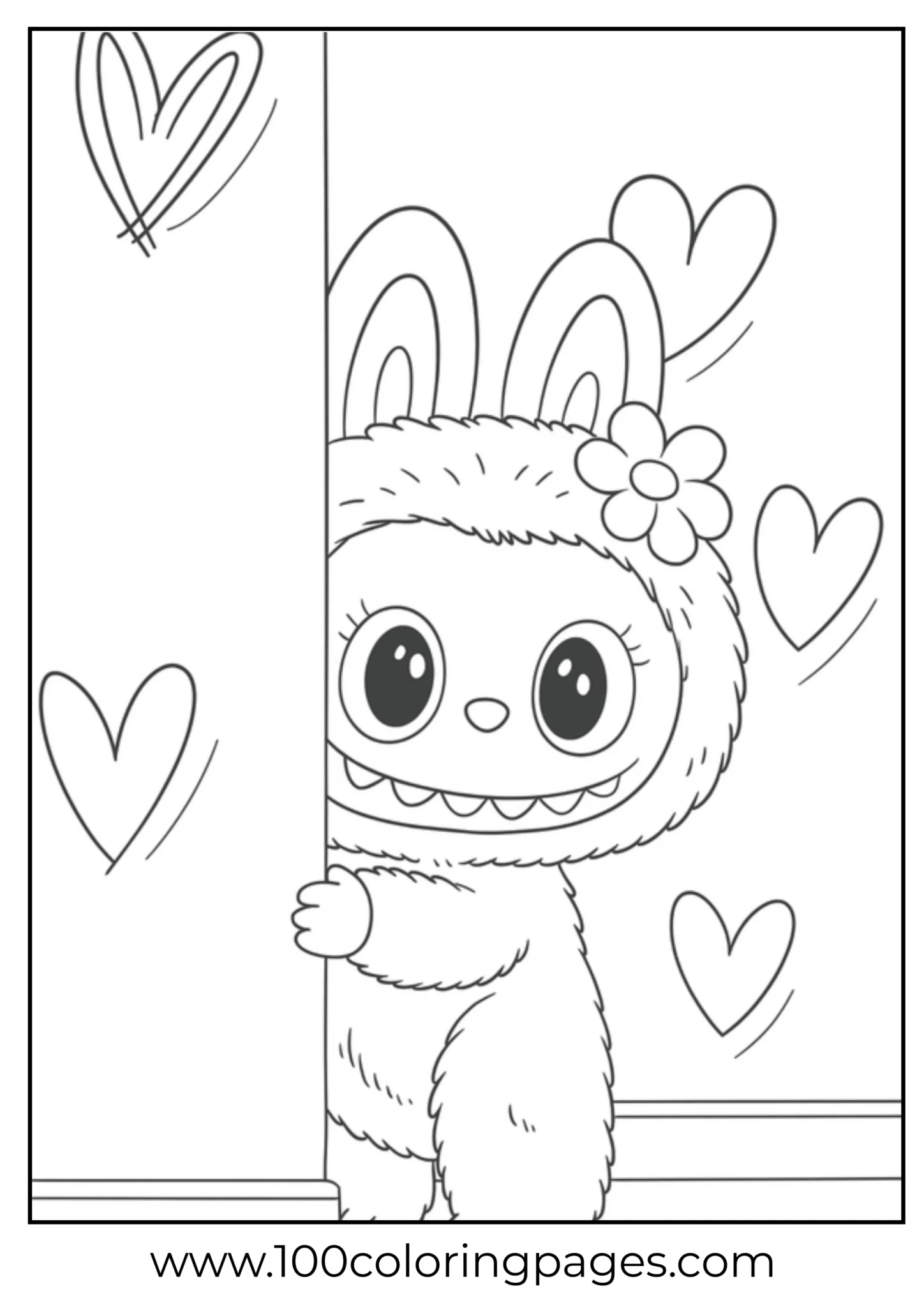 Labubu cartoon character peeking from behind a wall