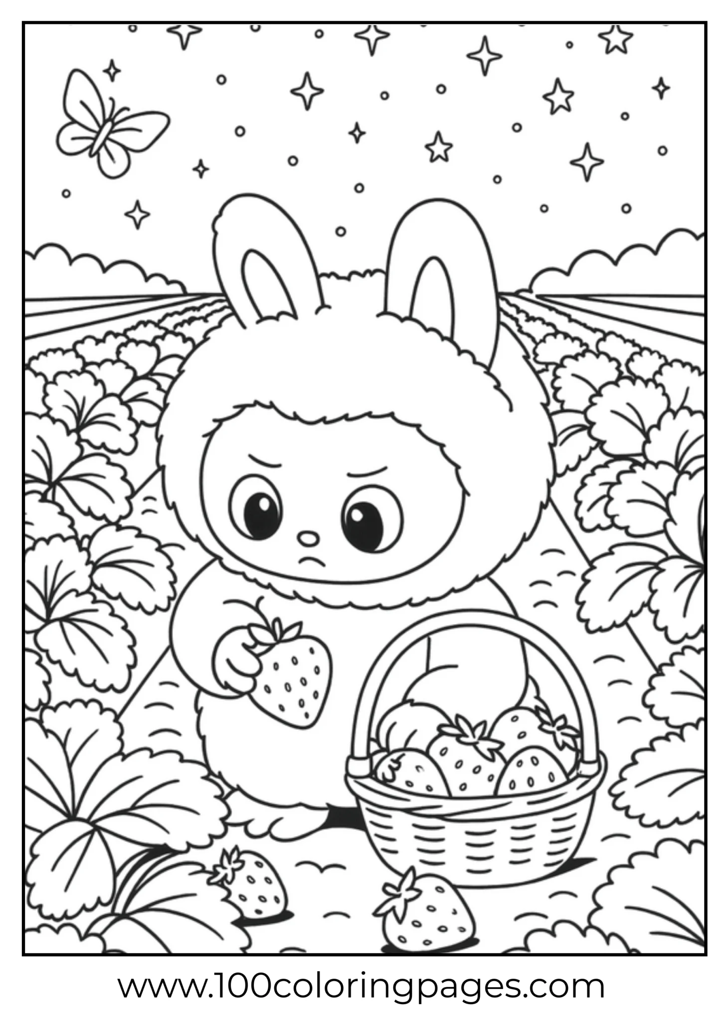 Labubu in a garden picking strawberries, with stars and a butterfly