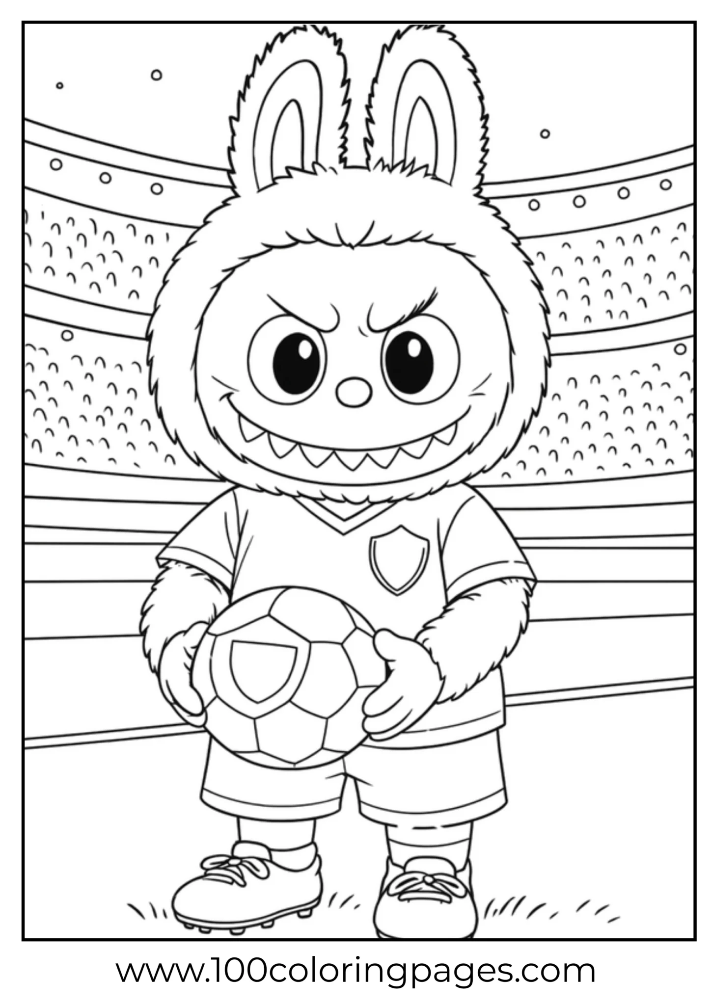 Labubu in soccer outfit holding a ball, ready to play