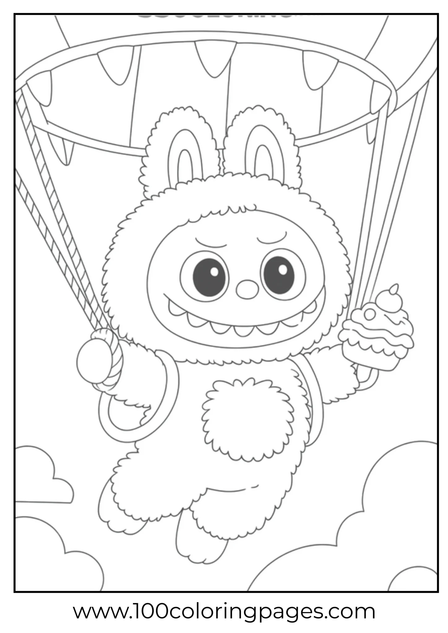 Labubu cartoon character rides hot air balloon with a cupcake