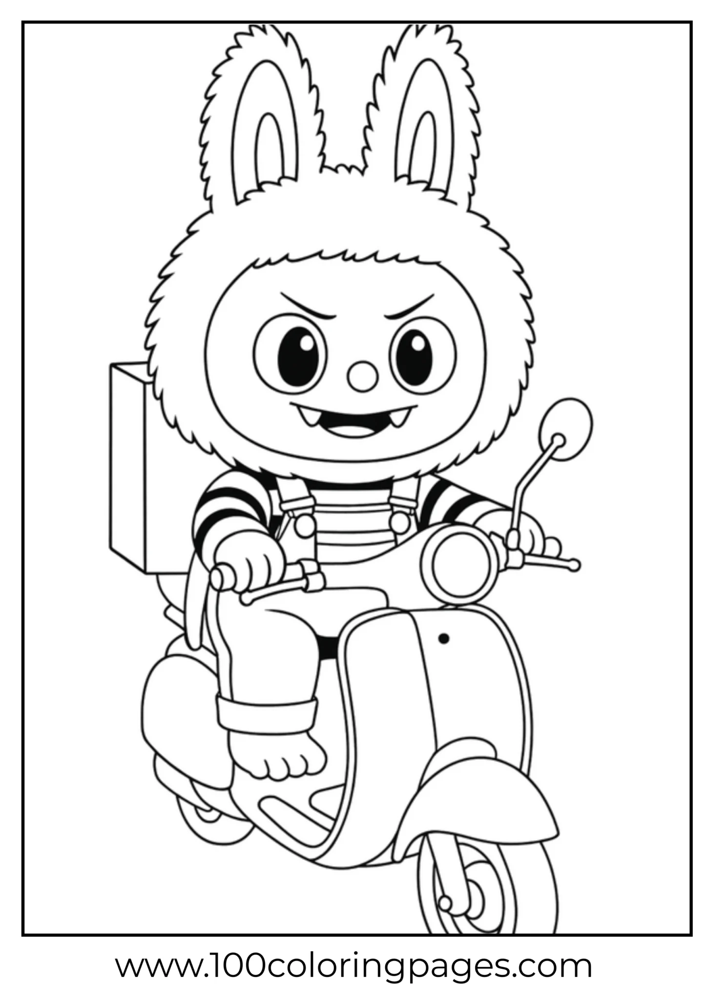 Labubu character riding a scooter, ready to color