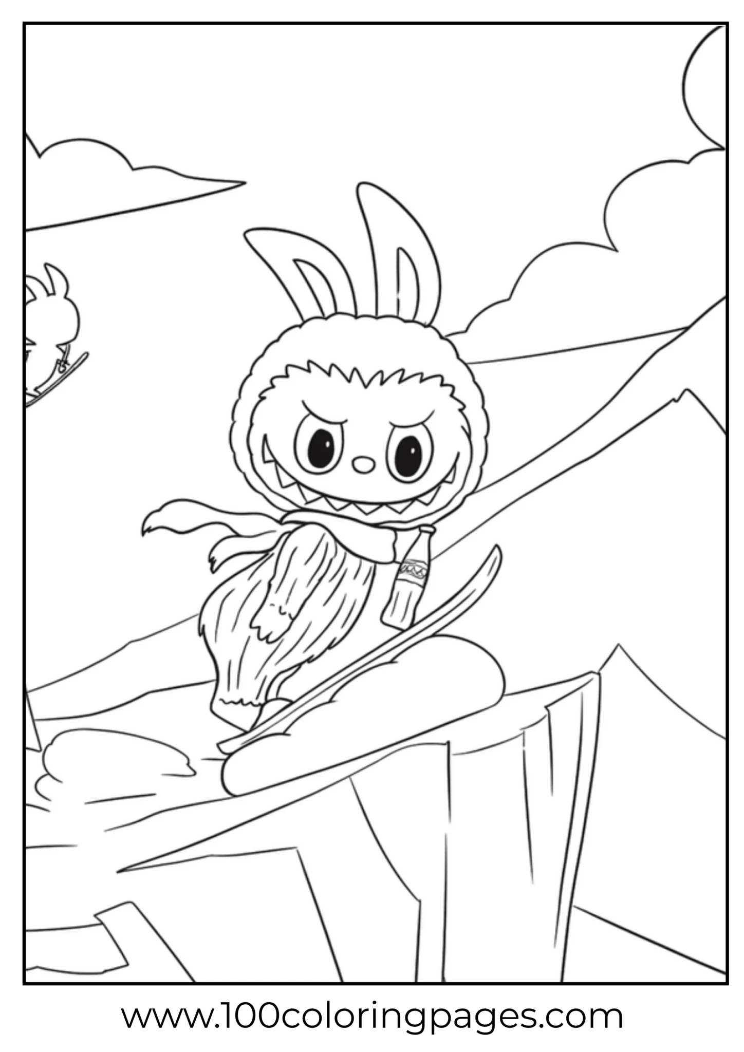Labubu snowboarding down a mountain, fun activity