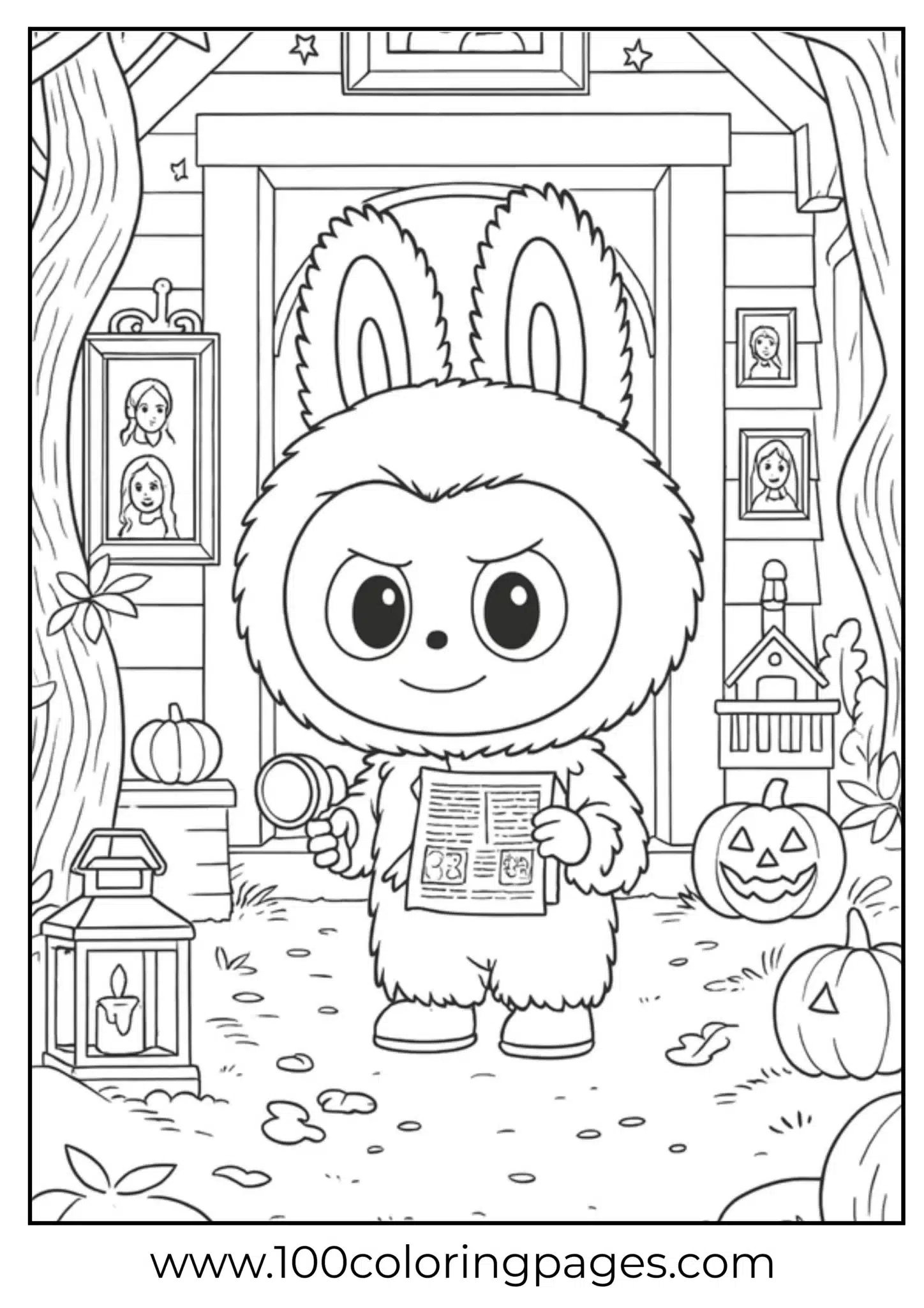 Labubu holding a newspaper in a fun Halloween scene