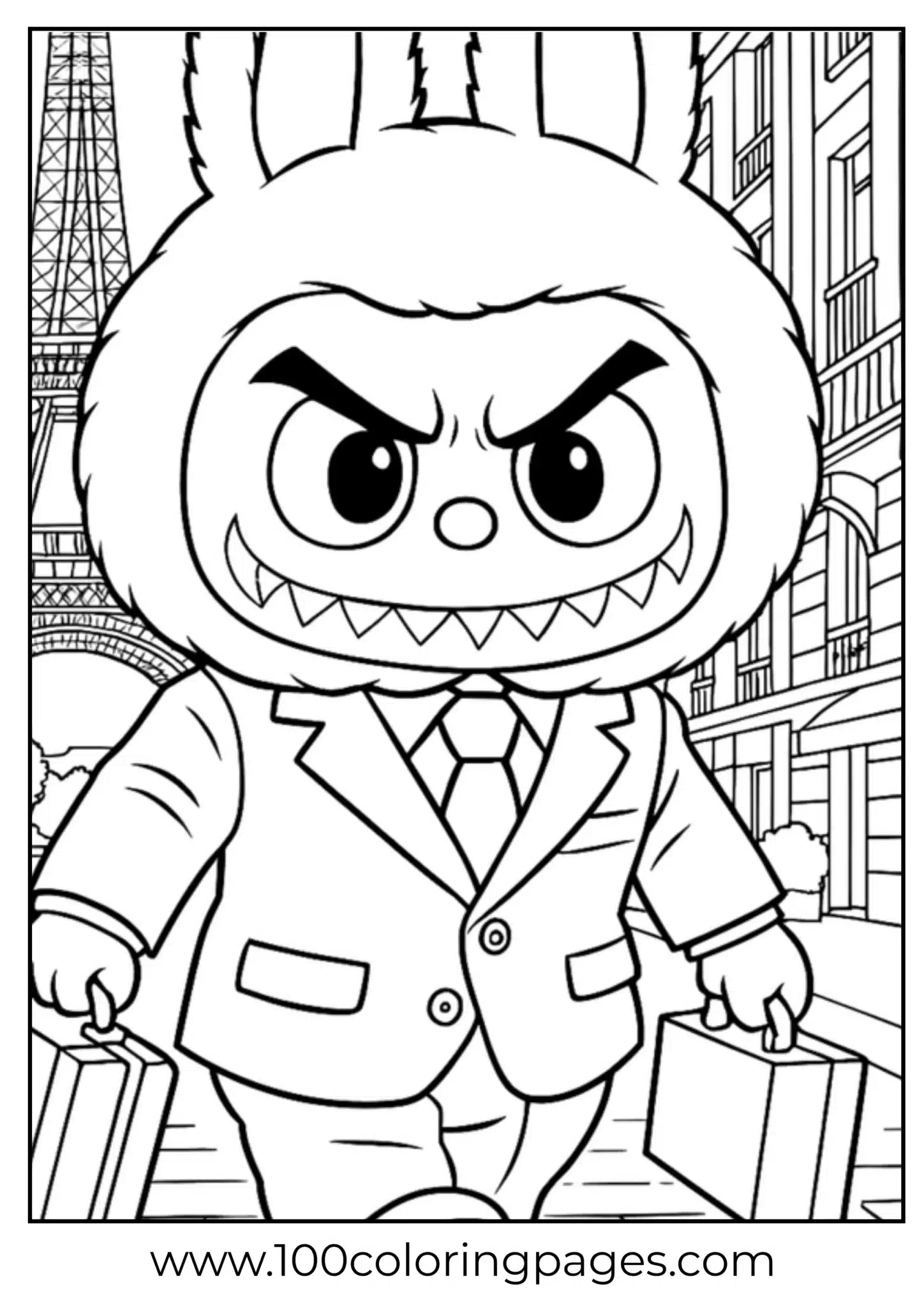 Labubu character walking in a city, holding shopping bags