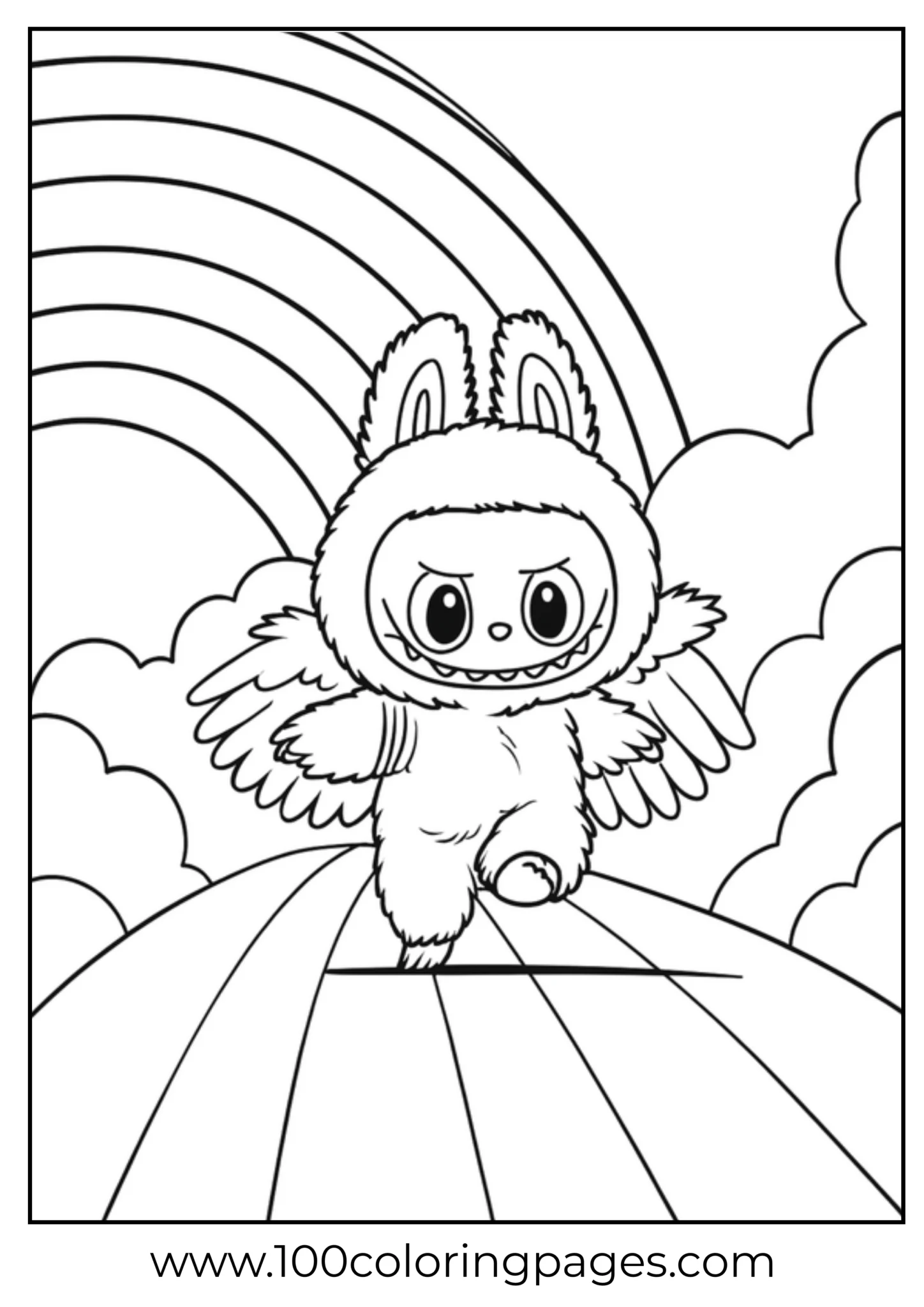 Labubu flying creature with wings in a cloud rainbow scene