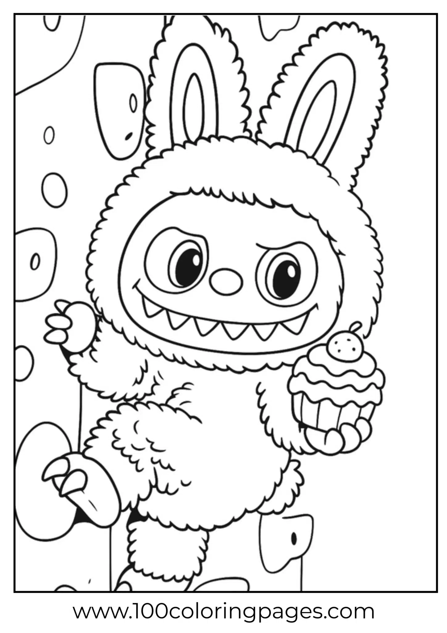 Labubu holding a cupcake on a playful coloring page