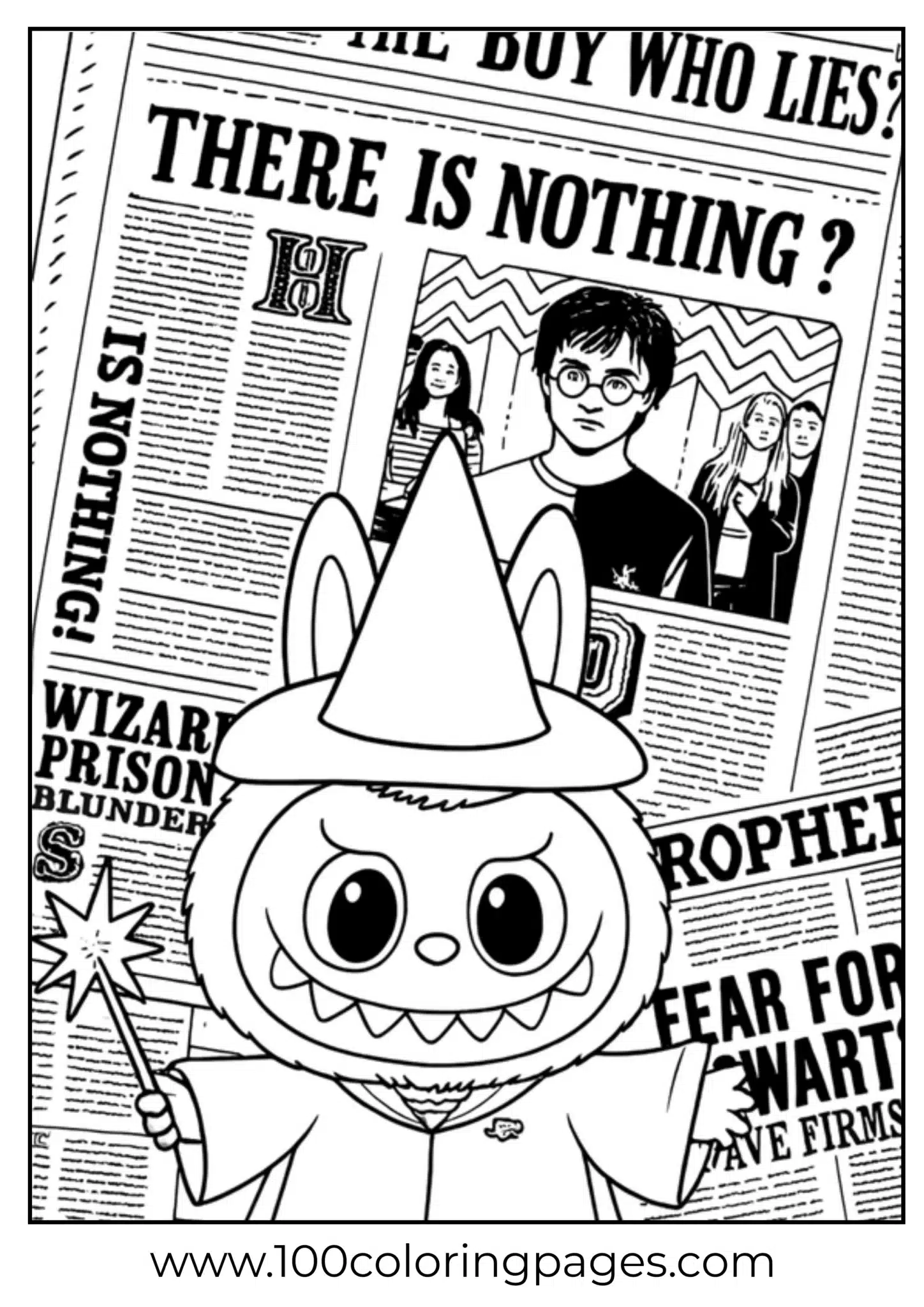 Labubu dressed as a wizard with a wand and newspaper backdrop