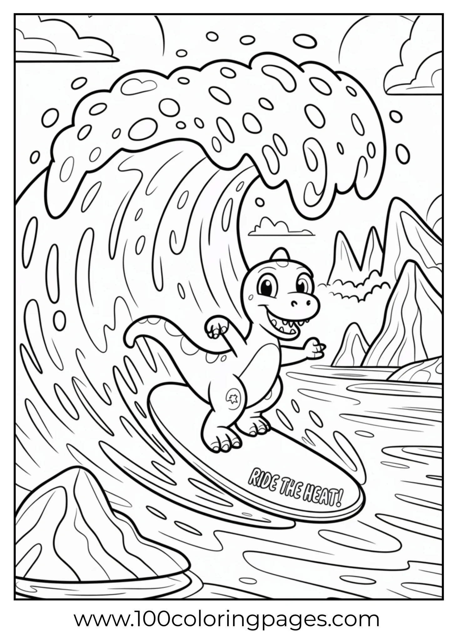 Dino surfing glowing lava wave, outline